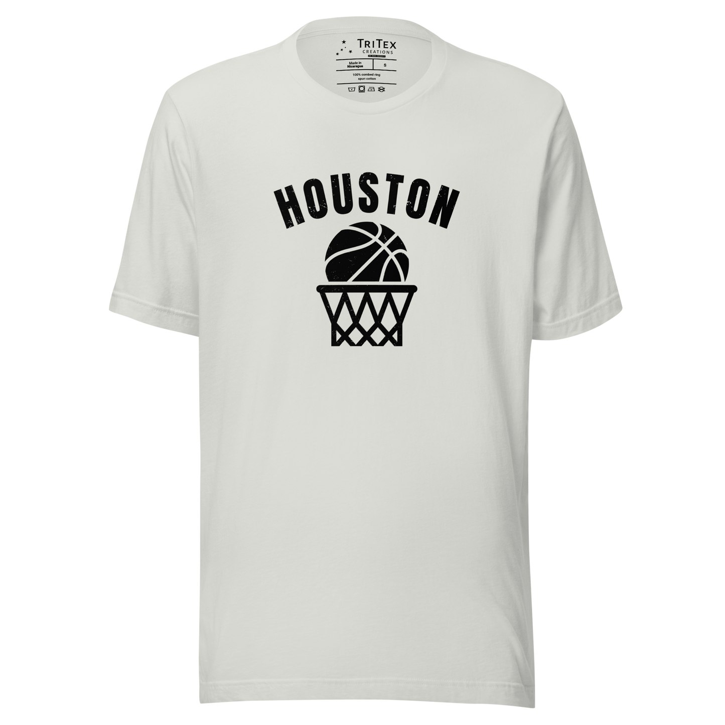 A silver t-shirt featuring a basketball and net with the words "Houston".