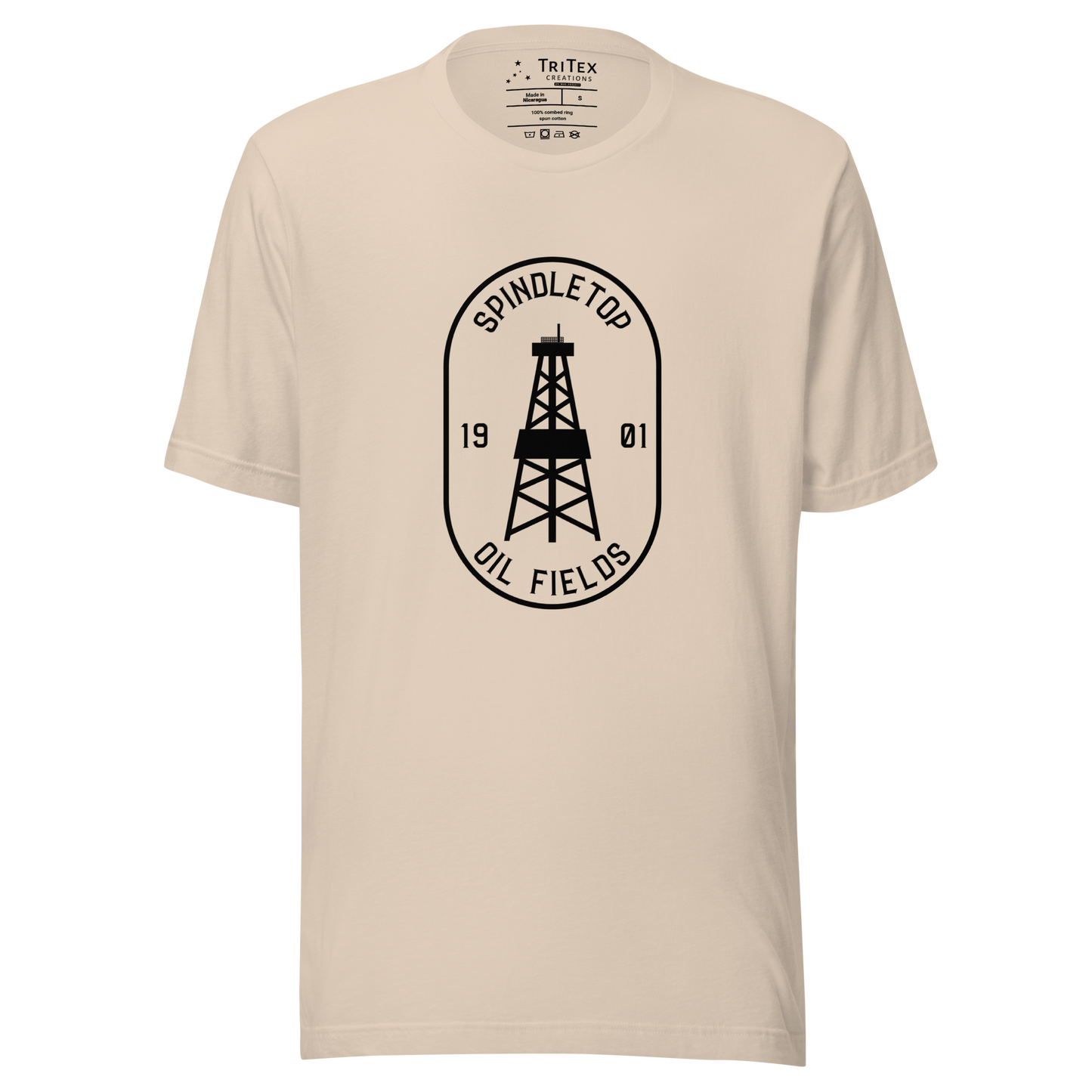 A soft cream t-shirt featuring an oil tower with the words "Spindletop oil fields 1901".