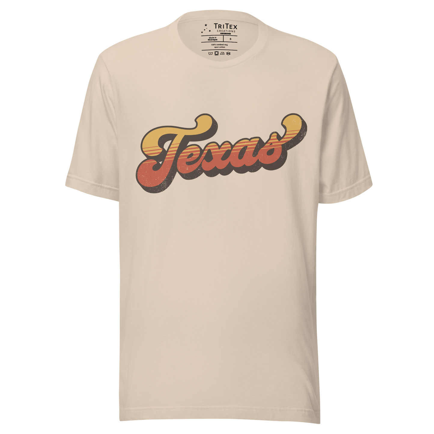 A soft cream t-shirt with a retro style Texas in a vintage font.