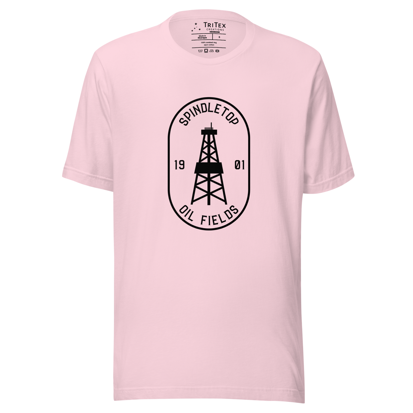 A soft pink t-shirt featuring an oil tower with the words "Spindletop oil fields 1901".