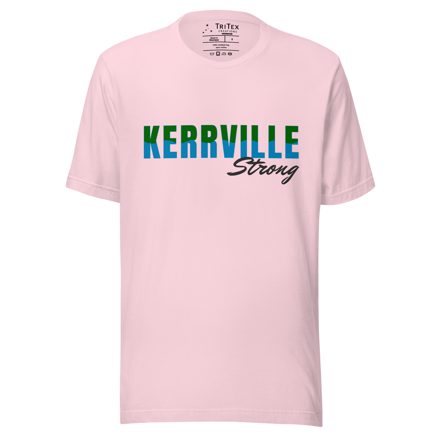 A soft pink t-shirt with the words "Kerrville Strong".