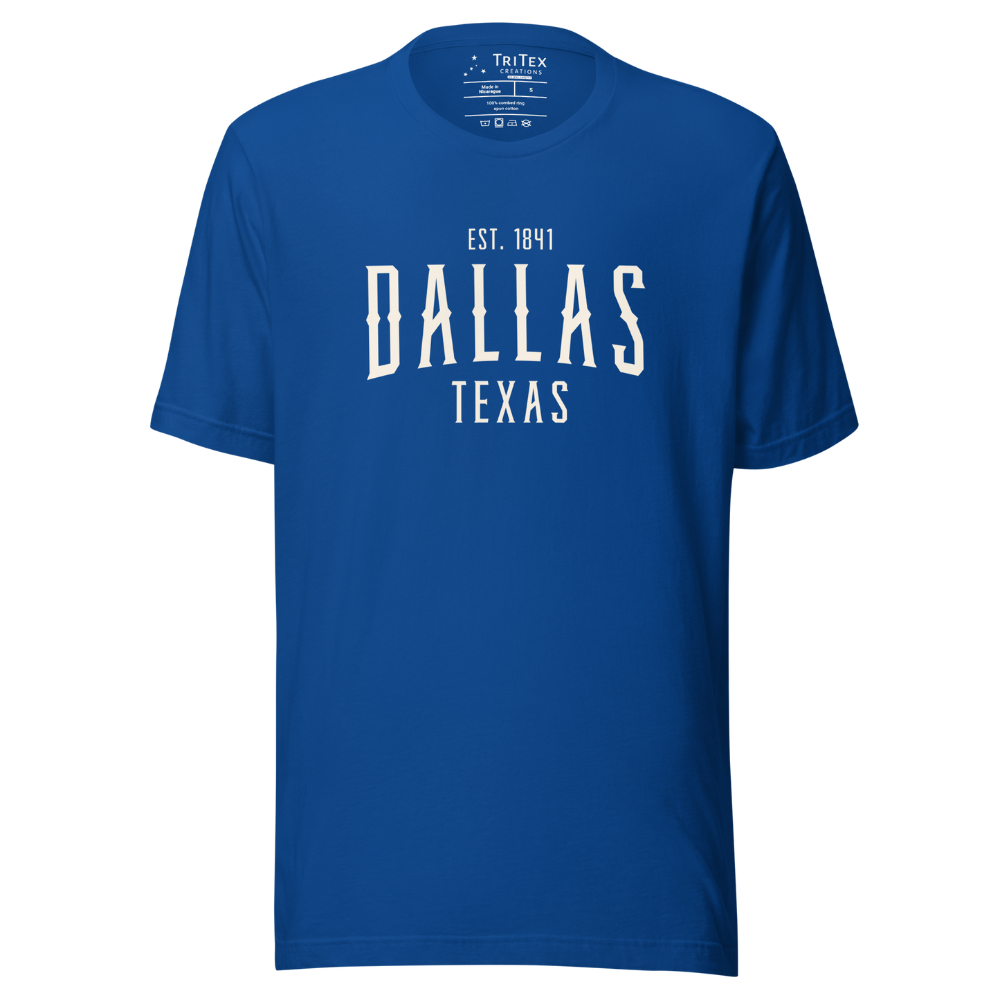 A true royal blue t-shirt with the words "Dallas Texas Est. 1841".