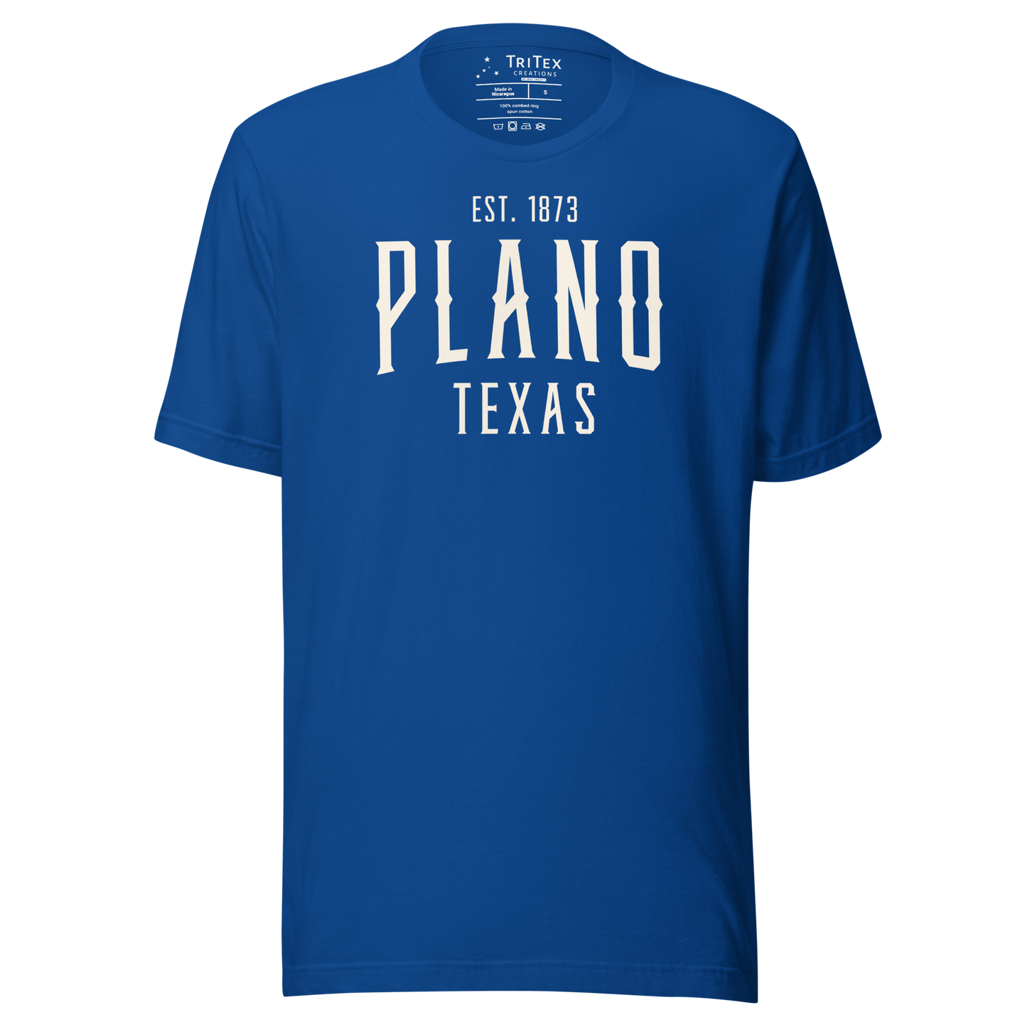 A true royal blue t-shirt with the words "Plano Texas Est. 1873".