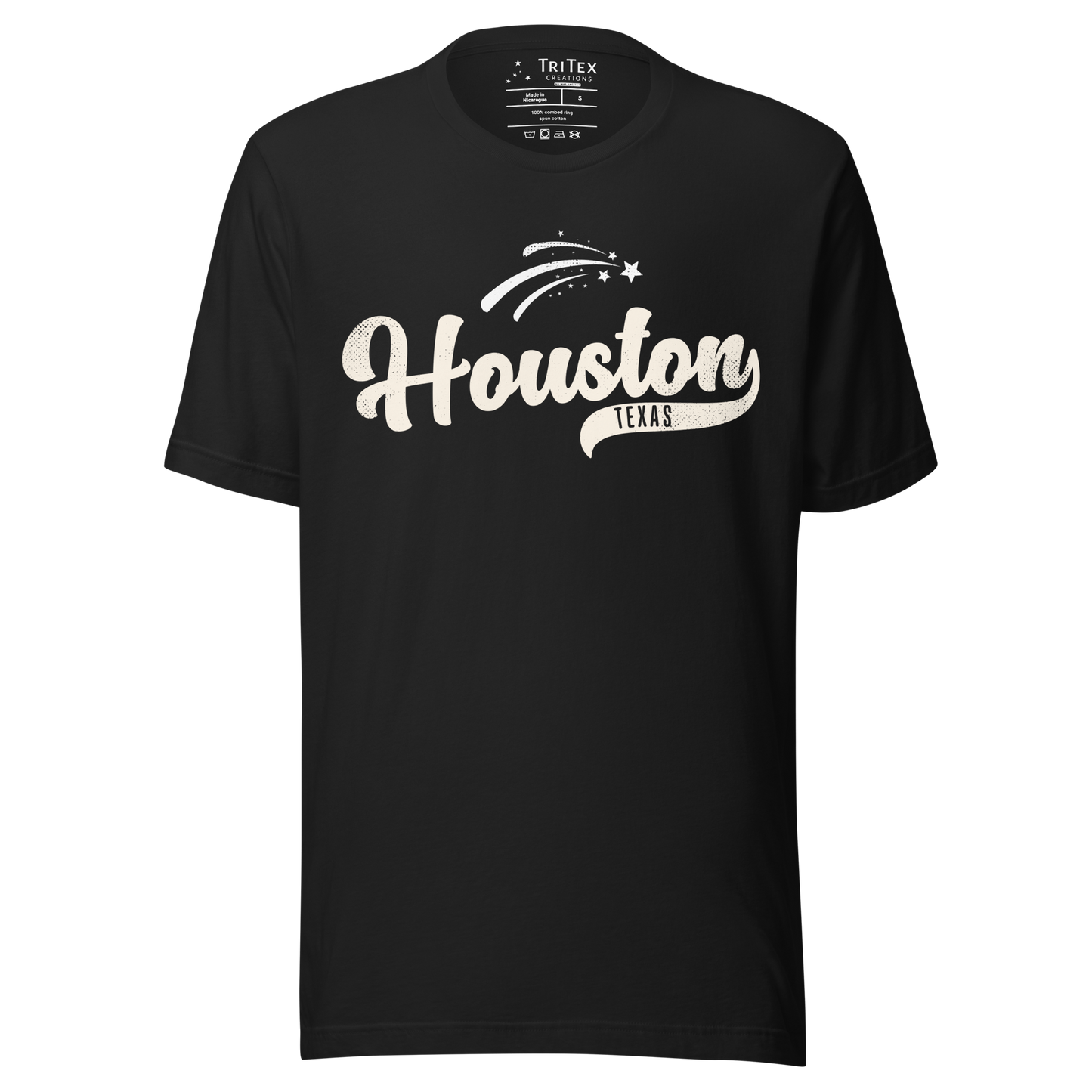 A vintage black t-shirt featuring a silhouette of shooting stars with the words "Houston TEXAS".