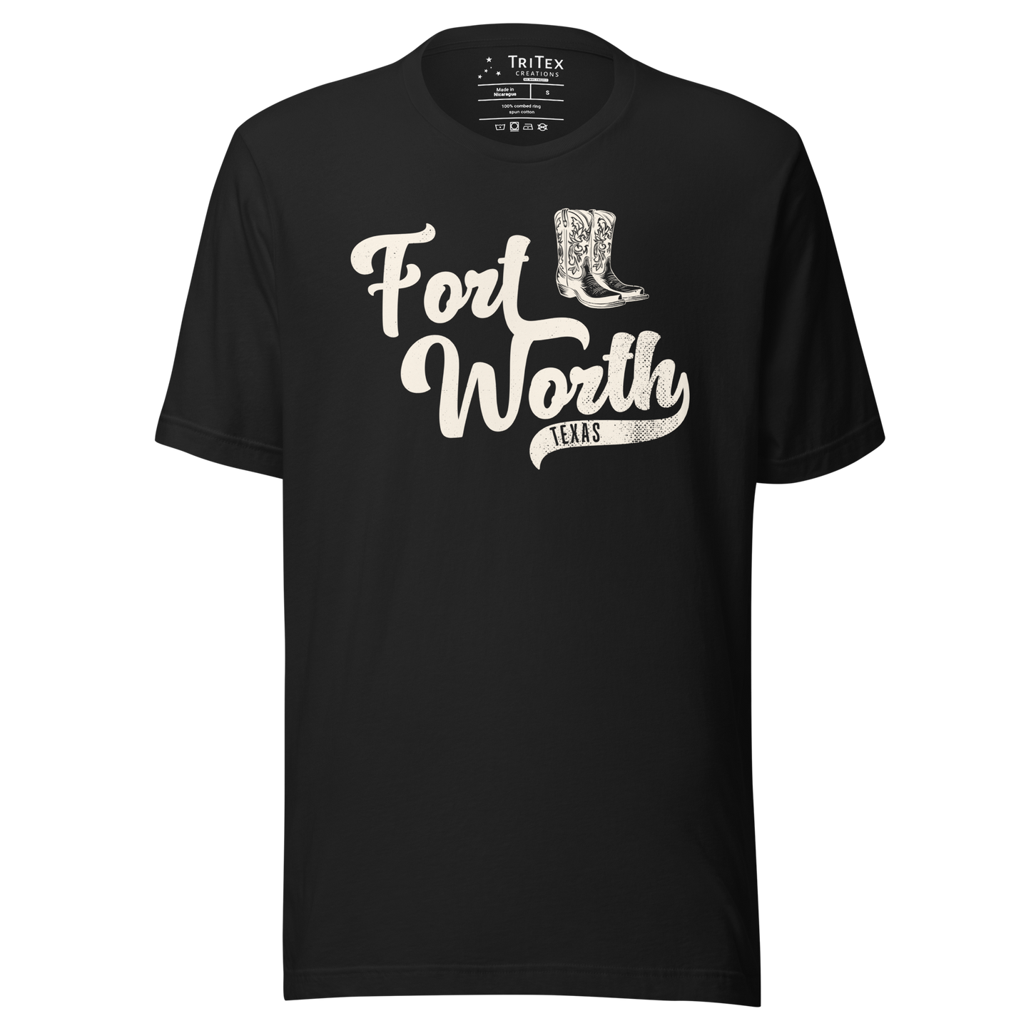 A vintage black t-shirt featuring a silhouette of cowboy boots with the words "Fort Worth TEXAS".