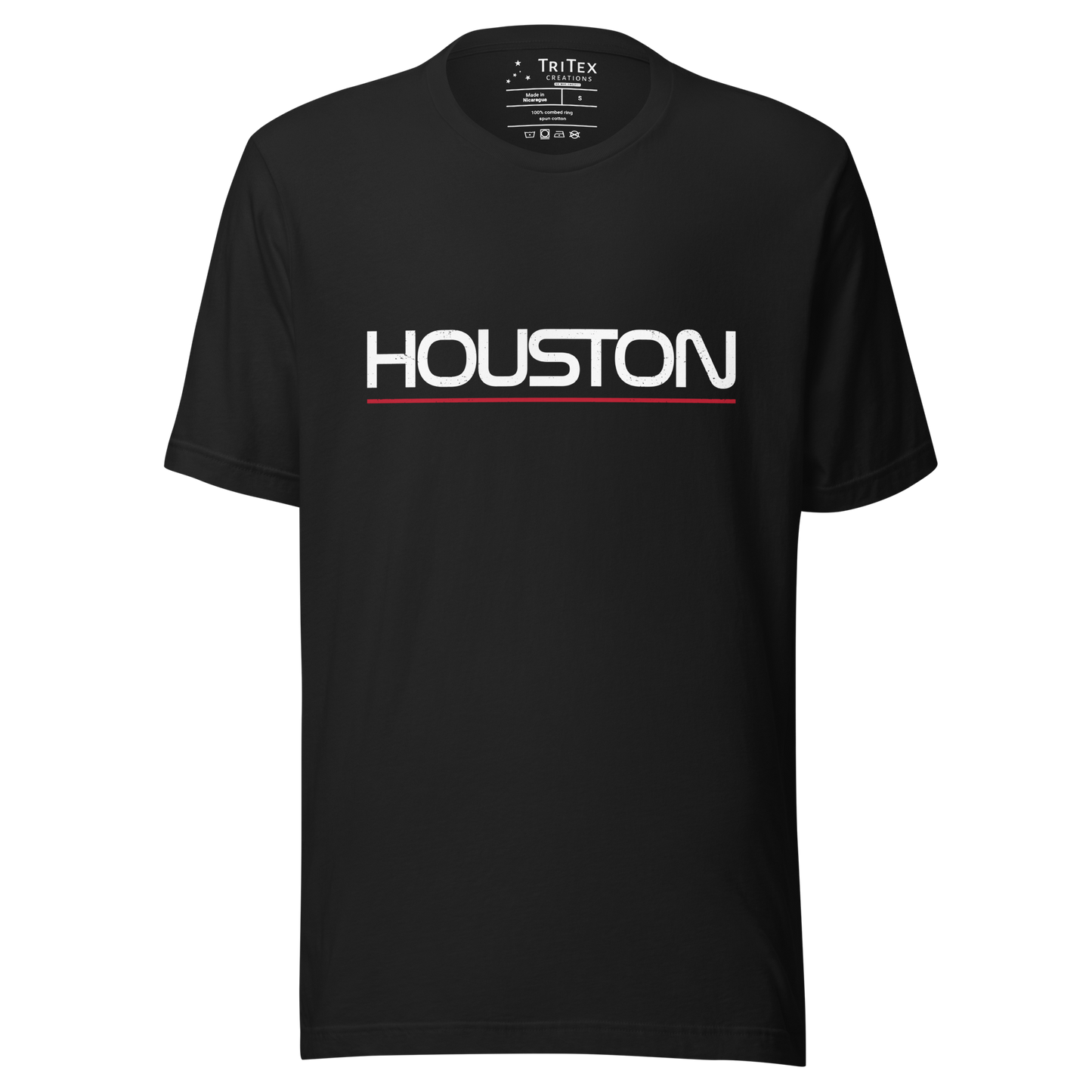A vintage black t-shirt with the name of "Houston" in a NASA-style font.