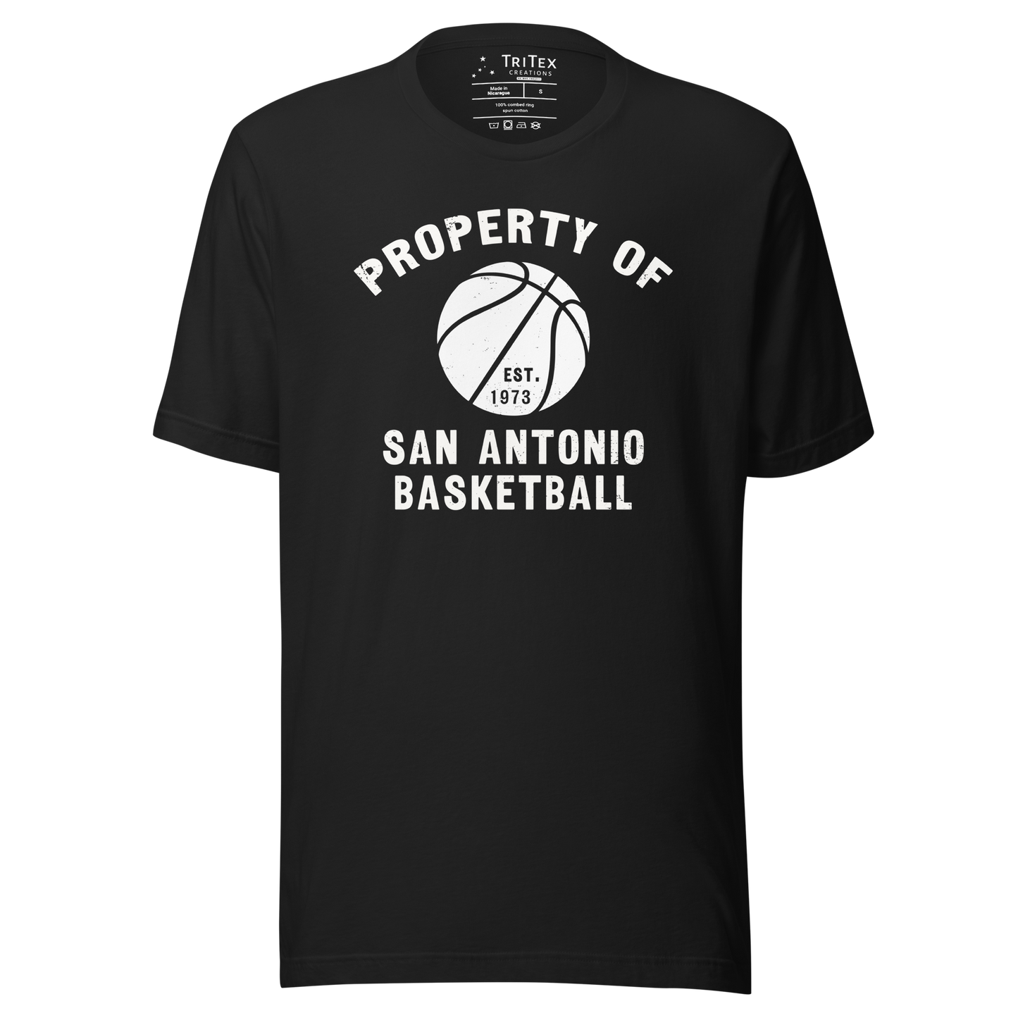 A vintage black t-shirt featuring a silhouette of a basketball with the words "Property of San Antonio basketball Est. 1973".