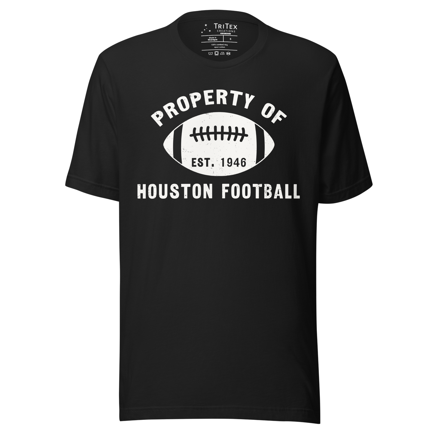 A vintage black t-shirt featuring a silhouette of a football with text that reads "Property of Houston Football Est. 1946".
