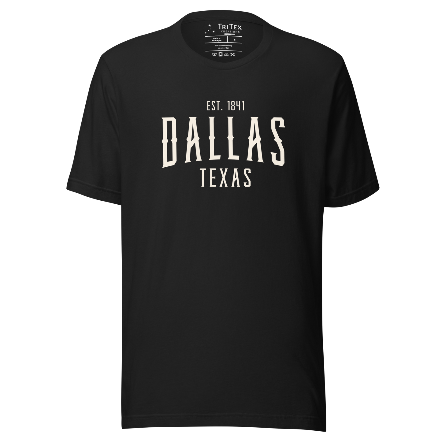 A vintage black t-shirt with the words "Dallas Texas Est. 1841".