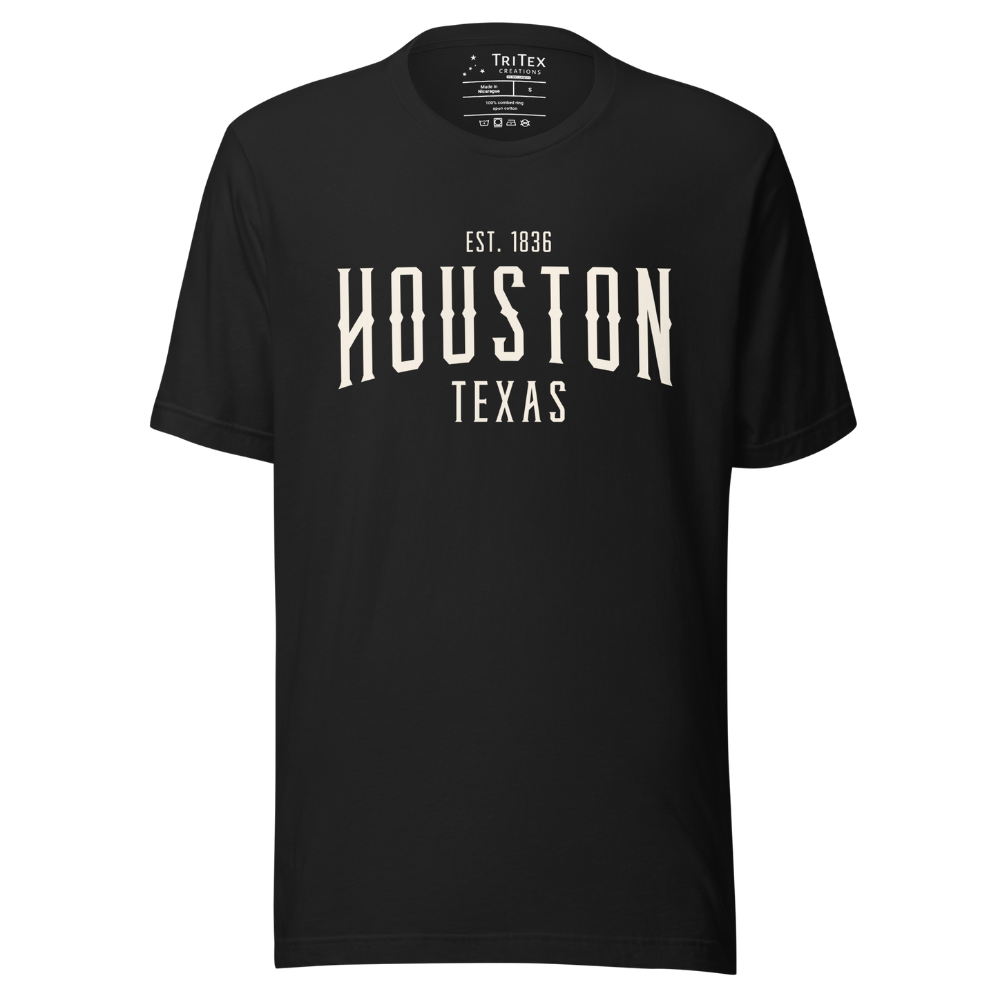 A vintage black t-shirt with the words "Houston Texas Est. 1836".