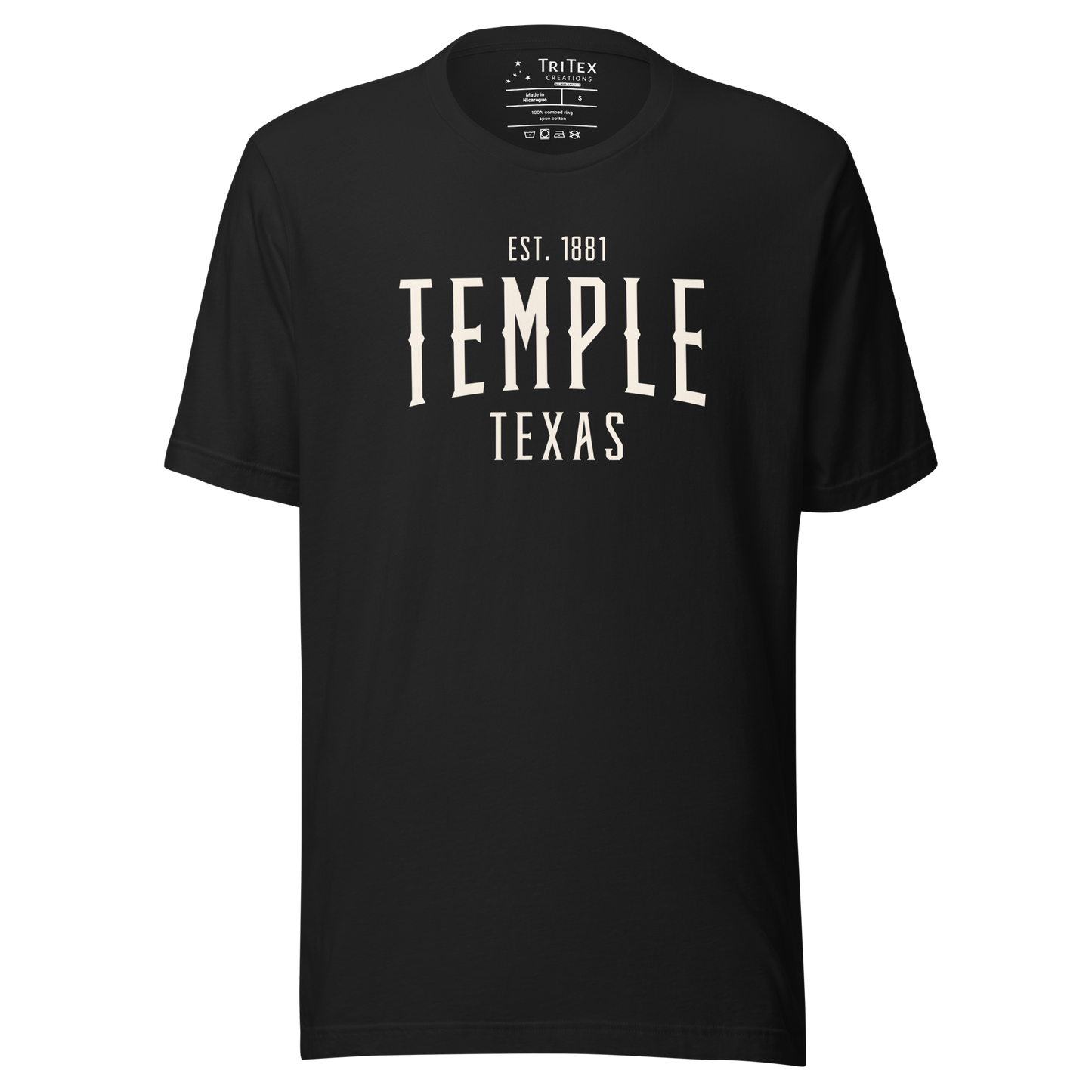 A vintage black t-shirt with the words "Temple Texas Est. 1881".
