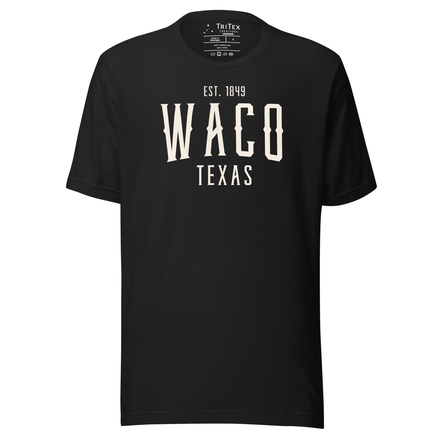 A vintage black t-shirt with the words "Waco Texas Est. 1849".