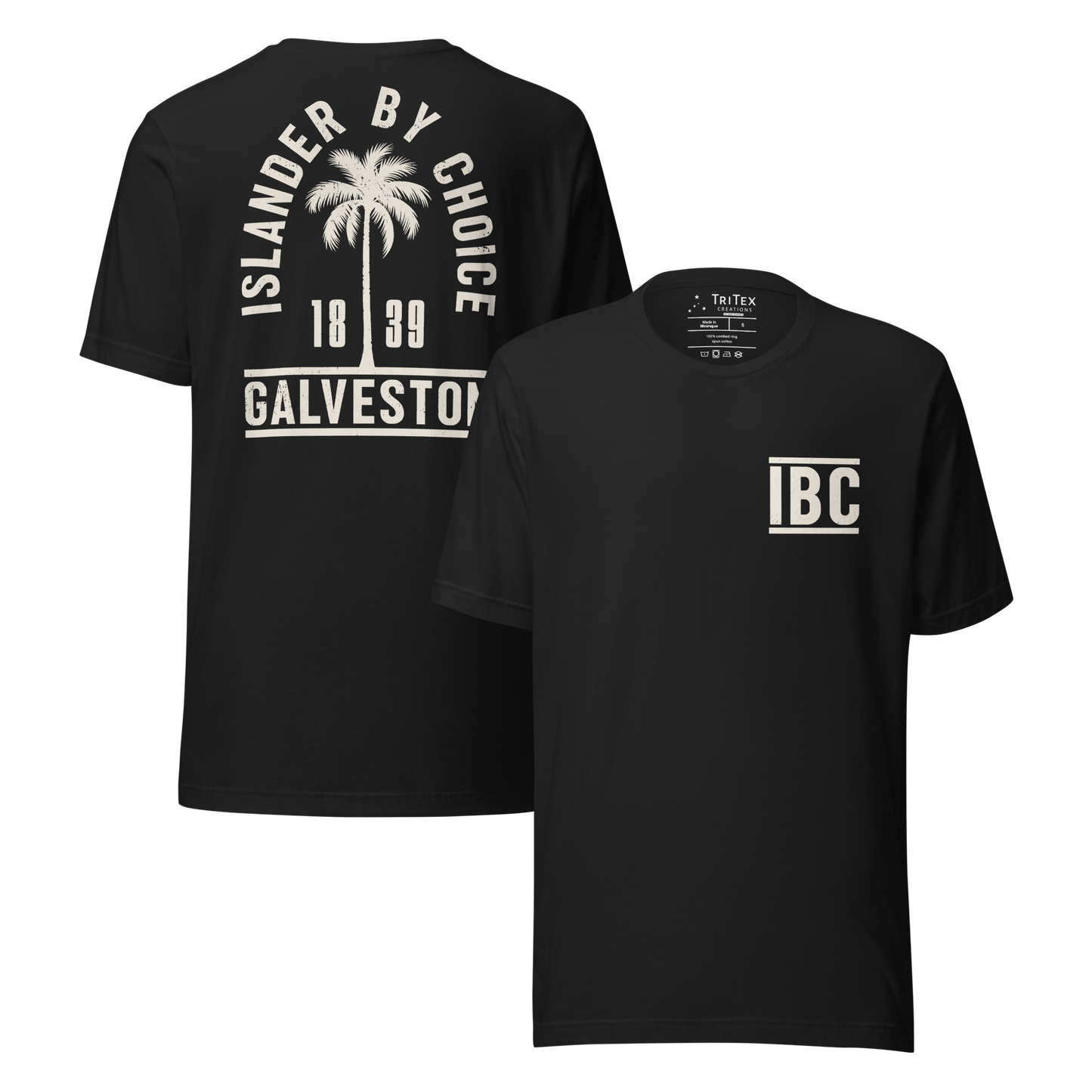 The front and back of a vintage t-shirt. On the front: The letters "IBC". On the back: "Islander by choice. Galveston 1839" with a silhouette of a palm tree.