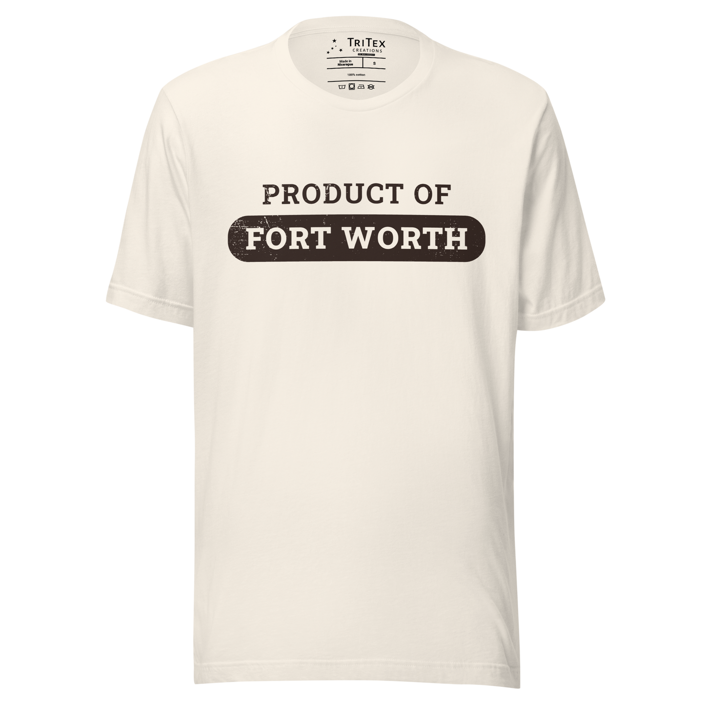 A vintage white t-shirt with the text "Product of Fort Worth".