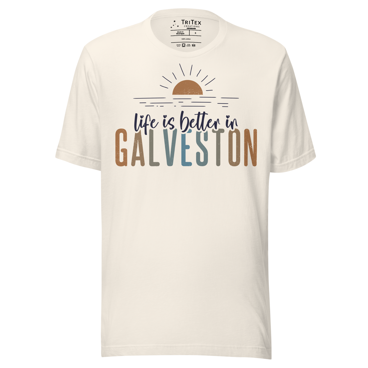A vintage white t-shirt featuring a sunrise with the text "Life is better in Galveston".
