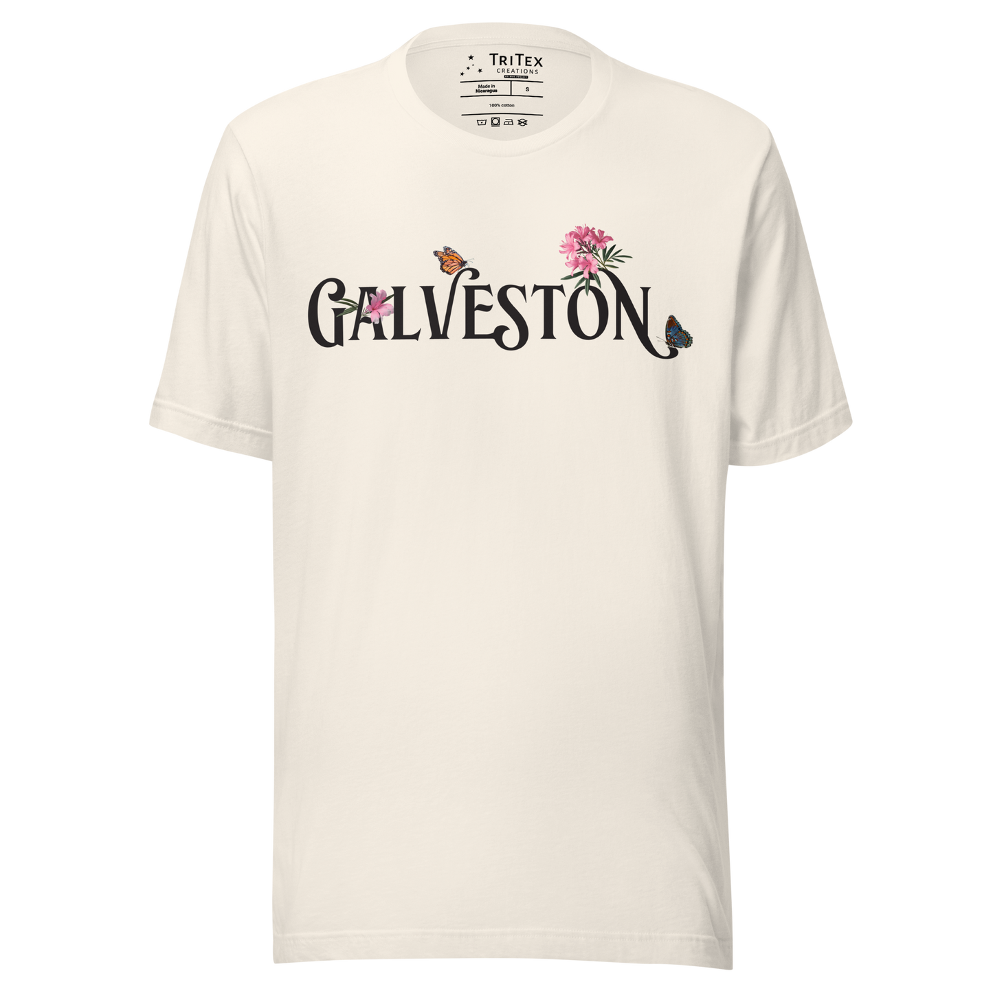 A vintage white t-shirt with the name of "Galveston" amongst oleanders and butterflies.