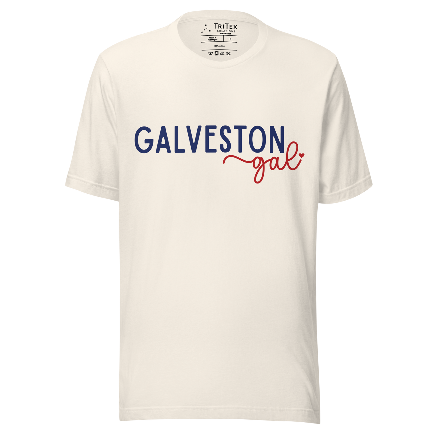 A vintage white t-shirt with the words "Galveston gal".
