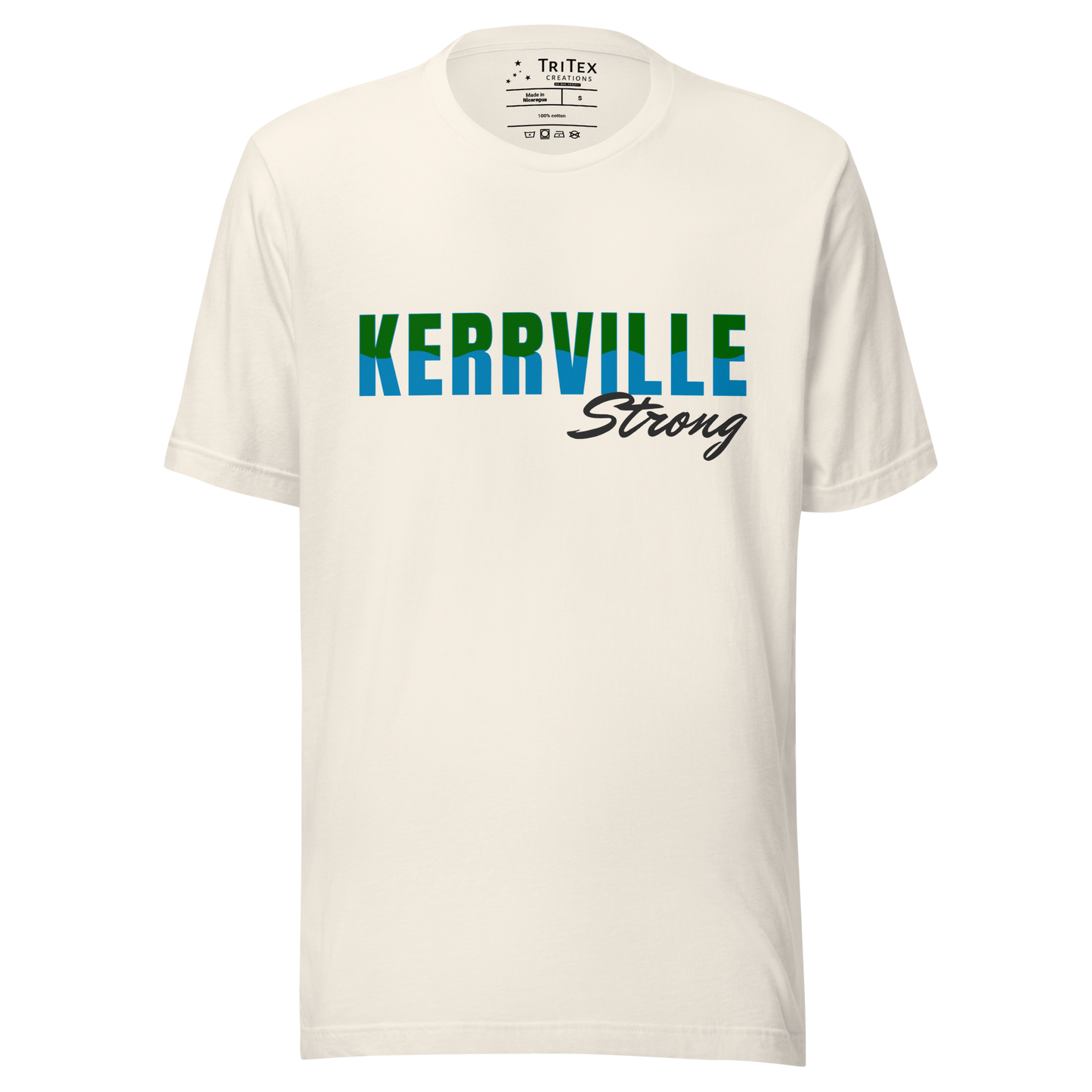 A vintage white t-shirt with the words "Kerrville Strong".