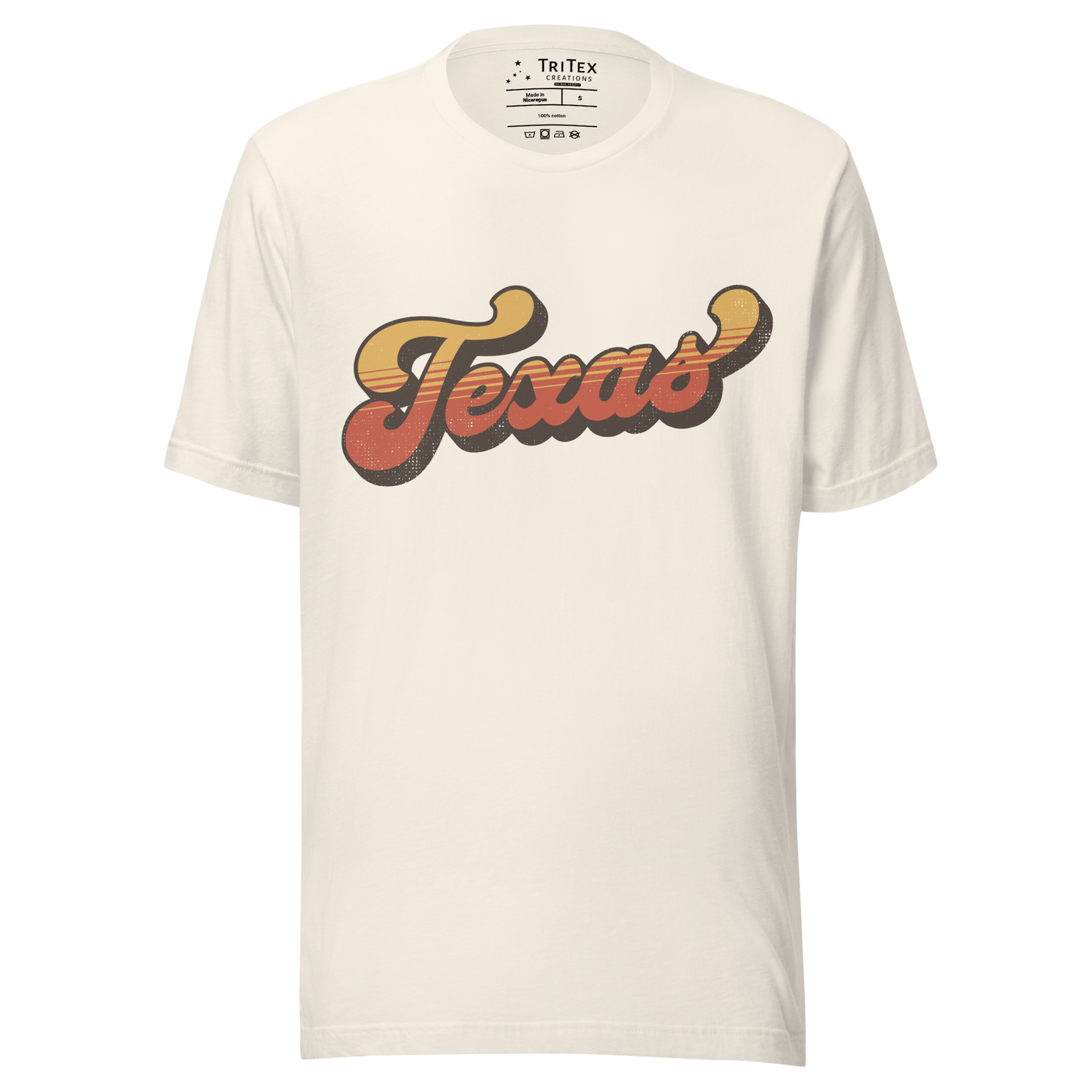 A vintage white t-shirt with a retro style Texas in a vintage font.