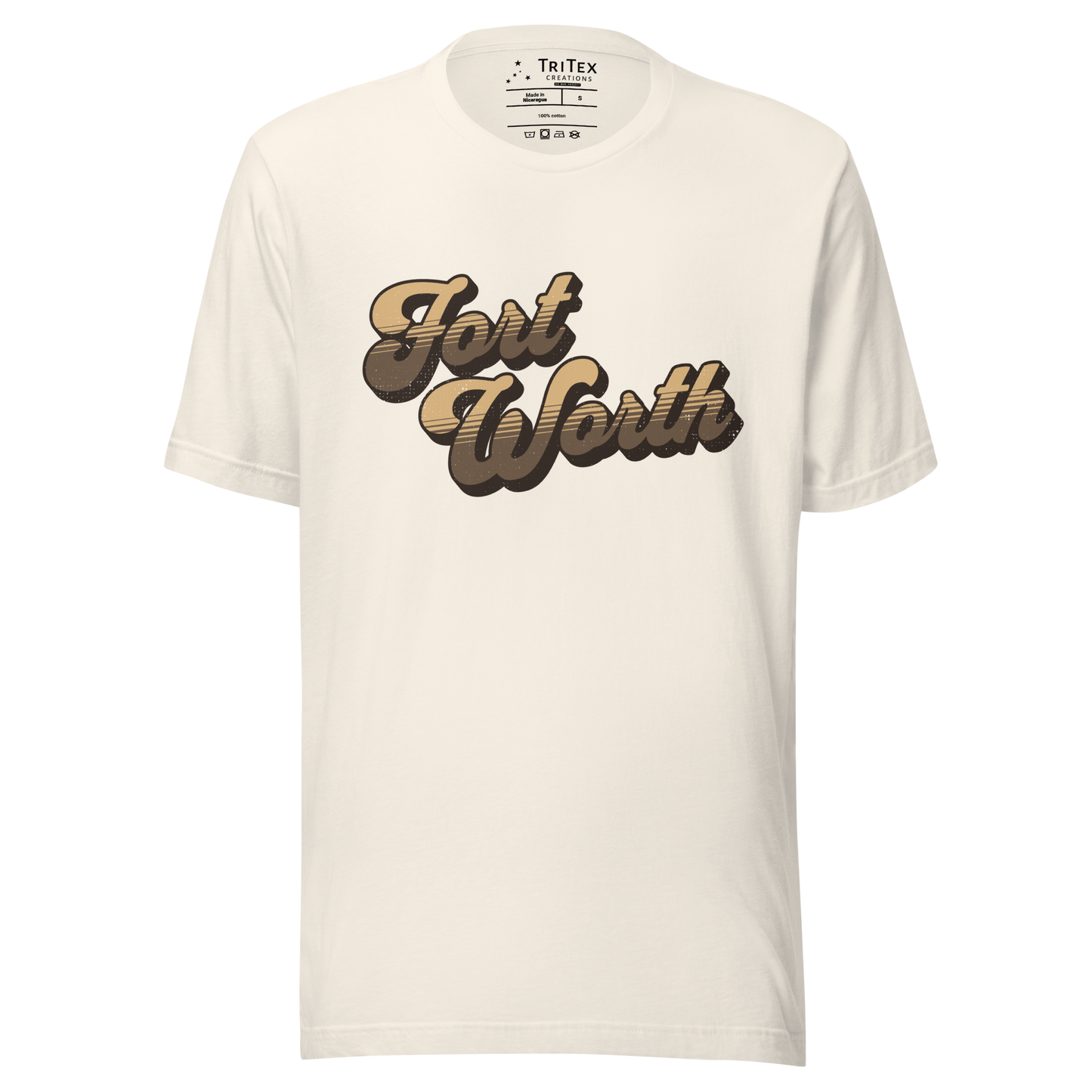 A vintage white t-shirt with a retro style Fort Worth in a vintage font.