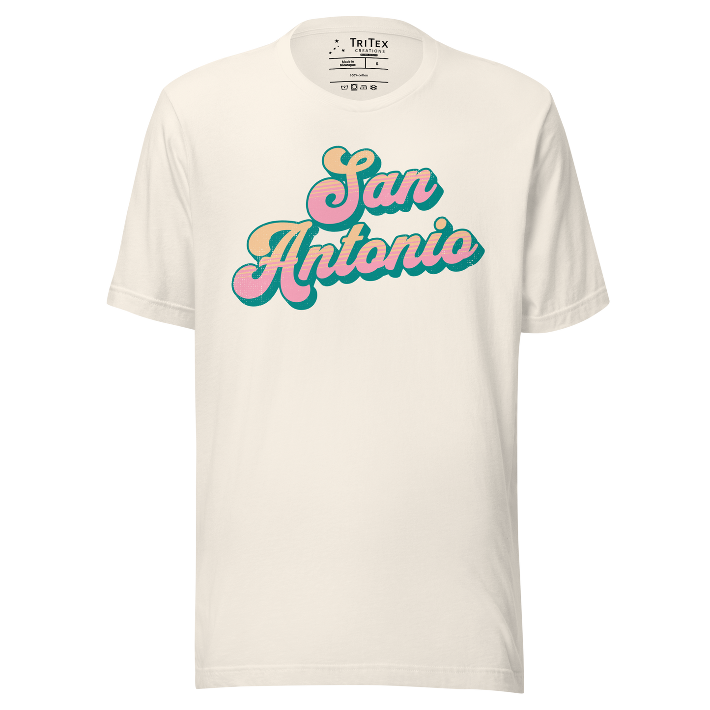 A vintage white t-shirt with a retro style San Antonio in a vintage font.