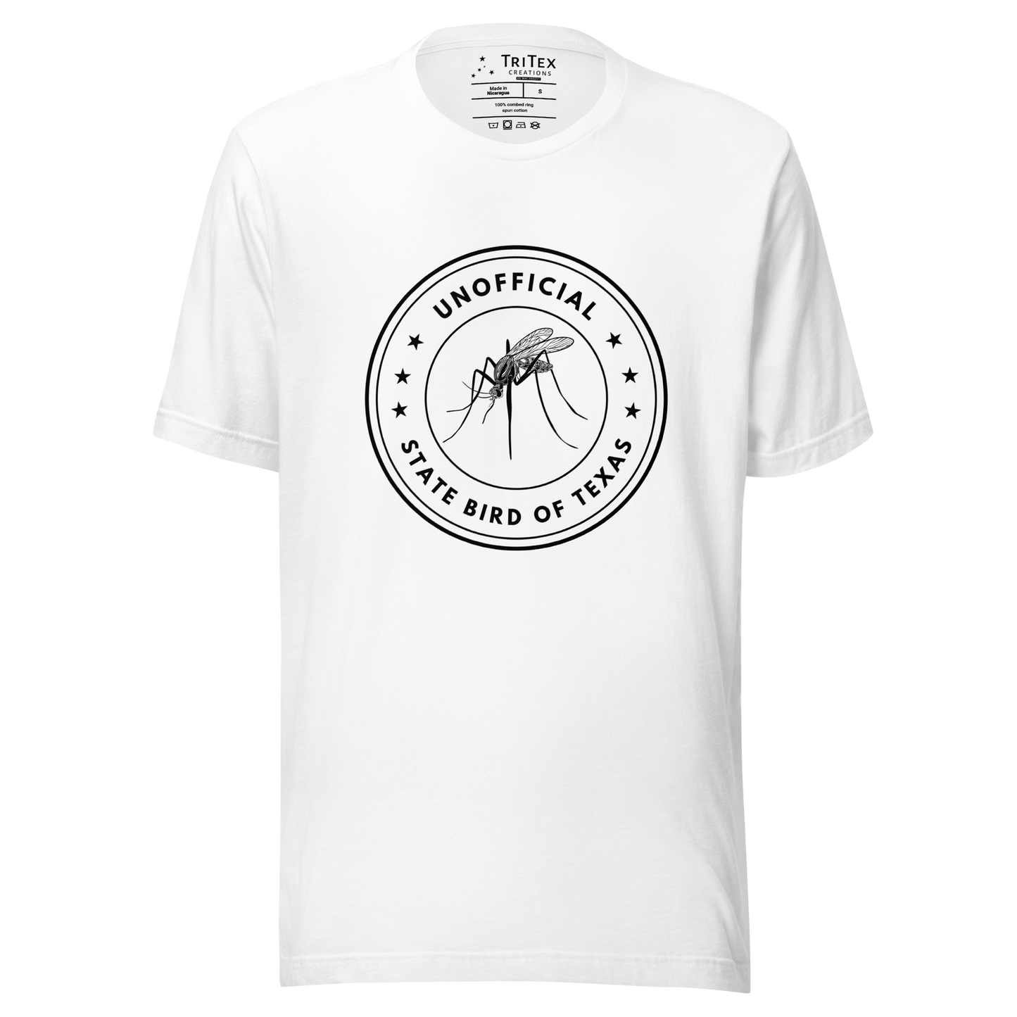 A white t-shirt featuring an image of a mosquito with the text "Unofficial State Bird Of Texas".