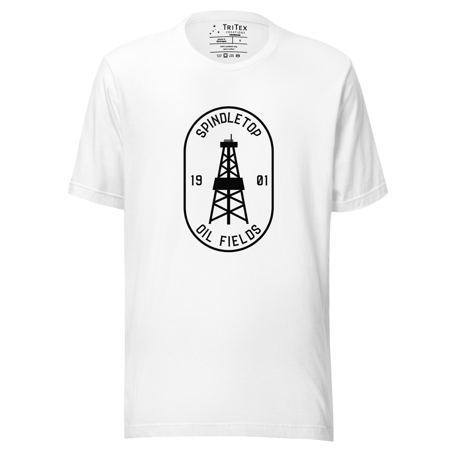 A white t-shirt featuring an oil tower with the words "Spindletop oil fields 1901".