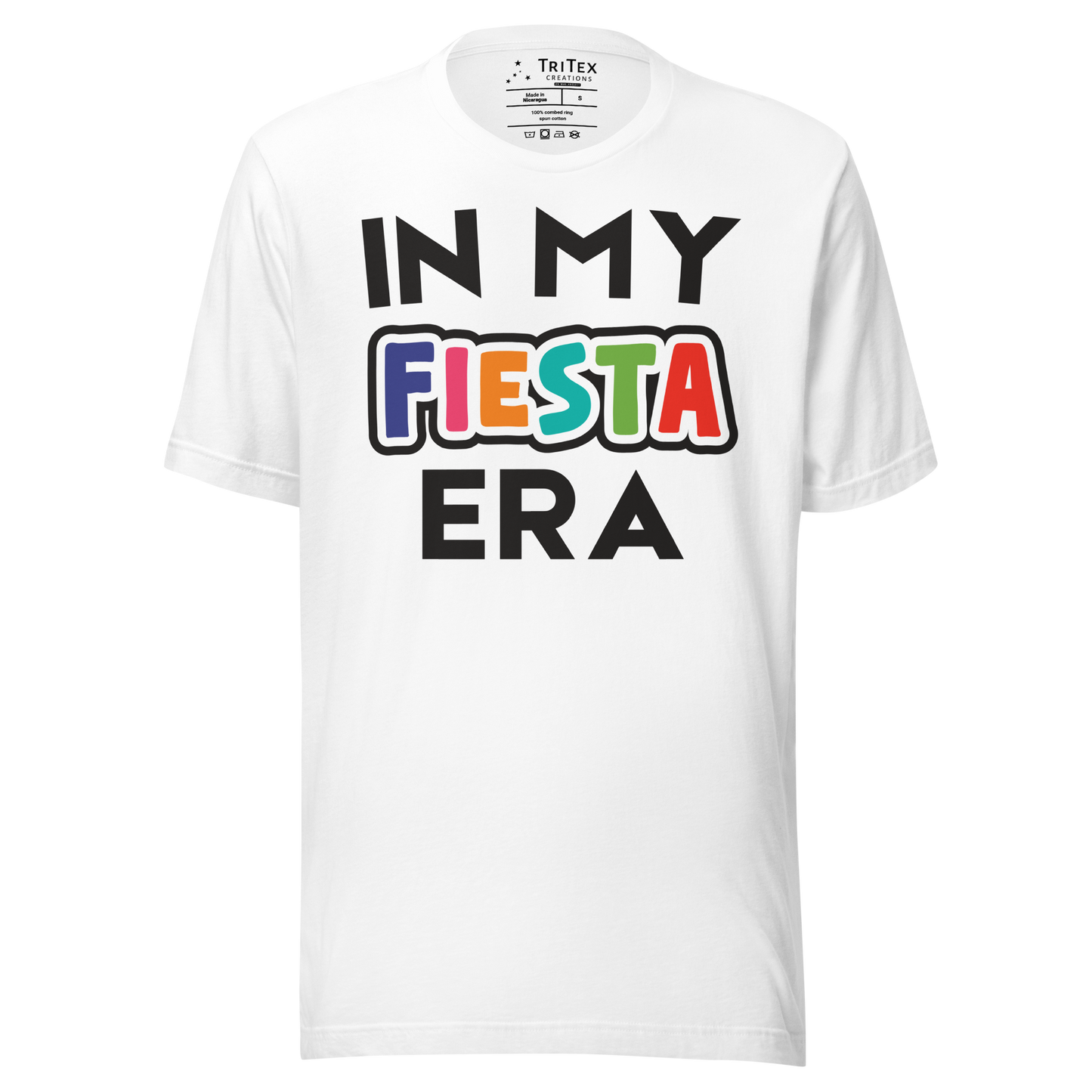 A white t-shirt that reads "In My Fiesta Era" with Fiesta in Southwestern colors.
