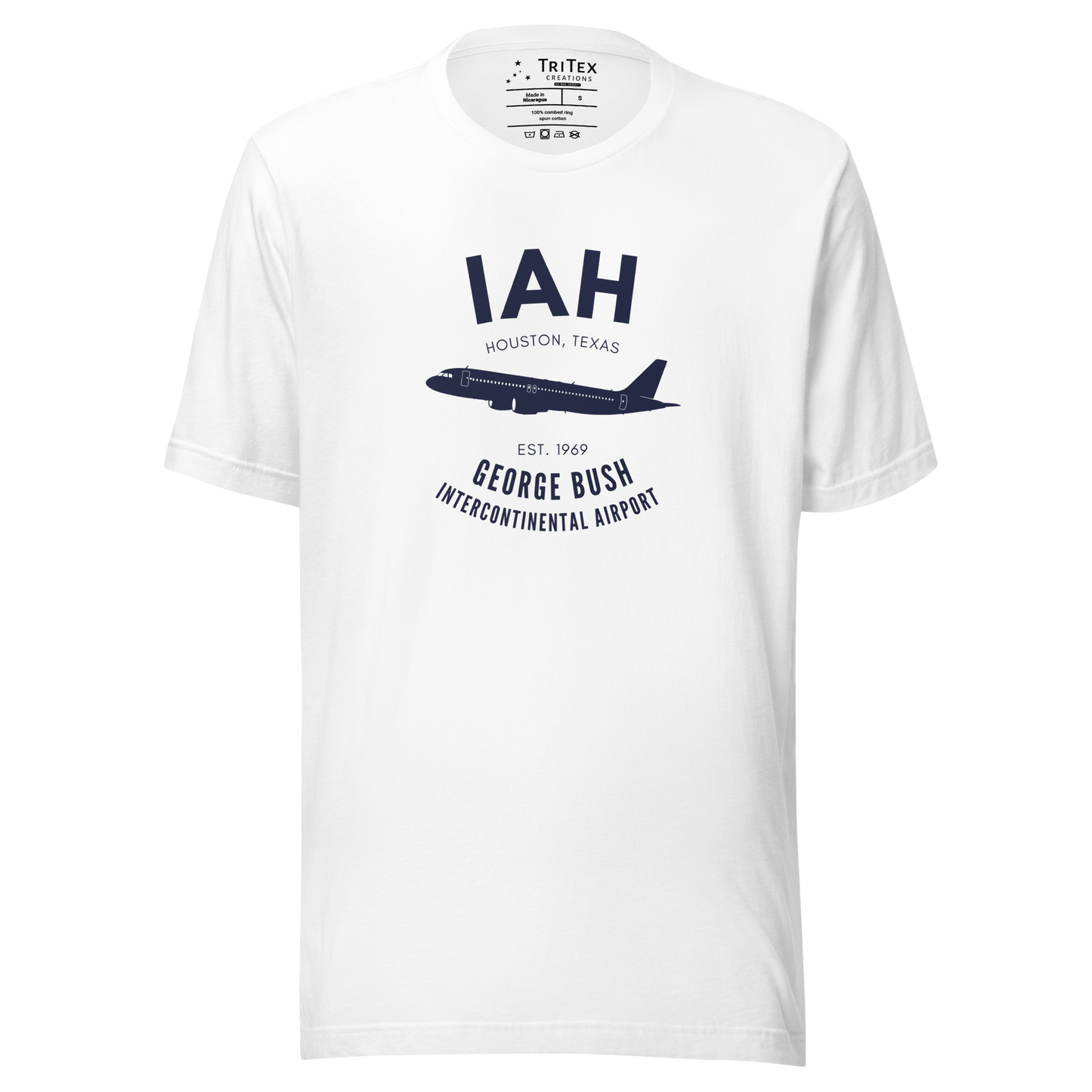 A white t-shirt with a silhouette of a passenger plane with the text "IAH Houston, Texas EST. 1969 George Bush Intercontinental Airport".