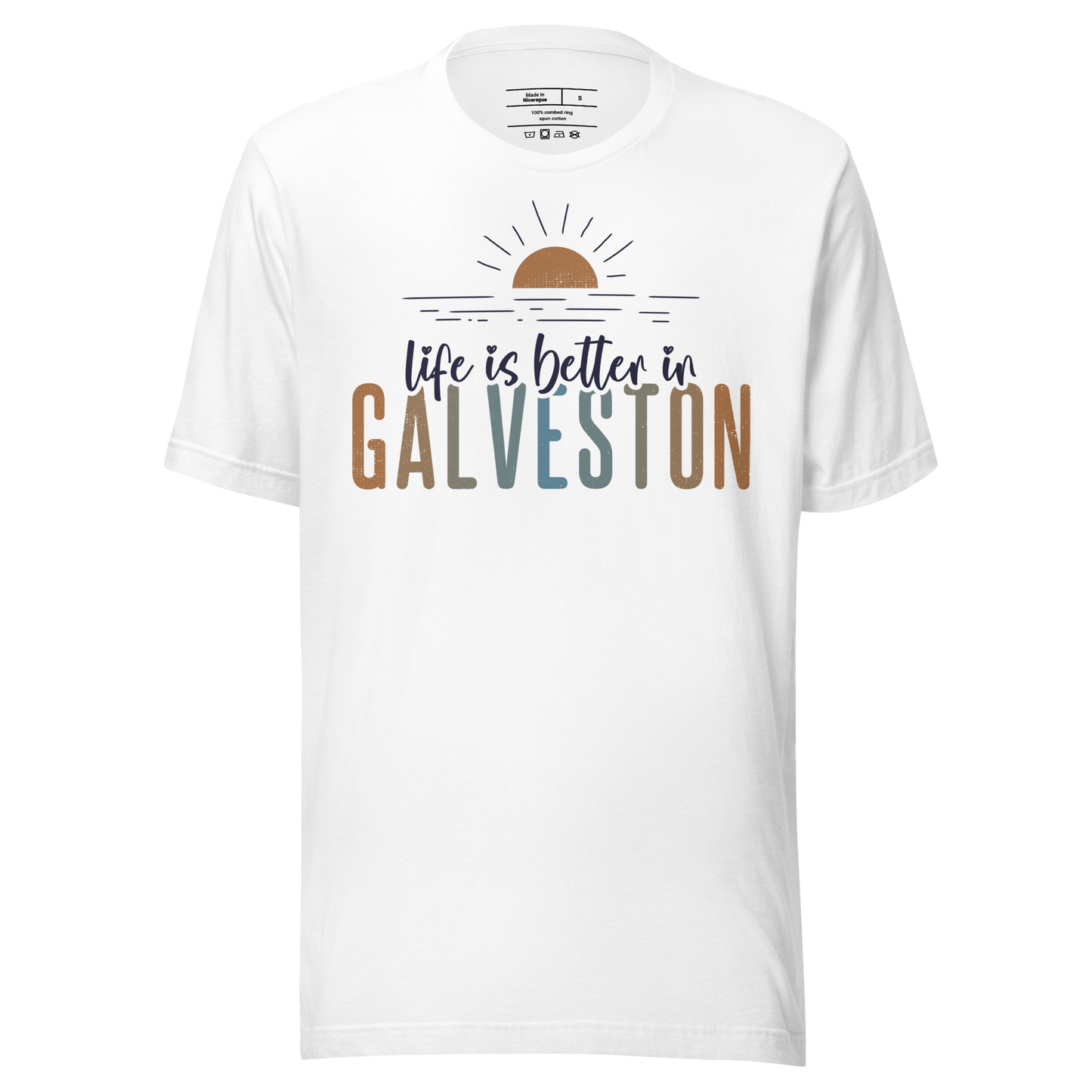 A white t-shirt featuring a sunrise with the text "Life is better in Galveston".