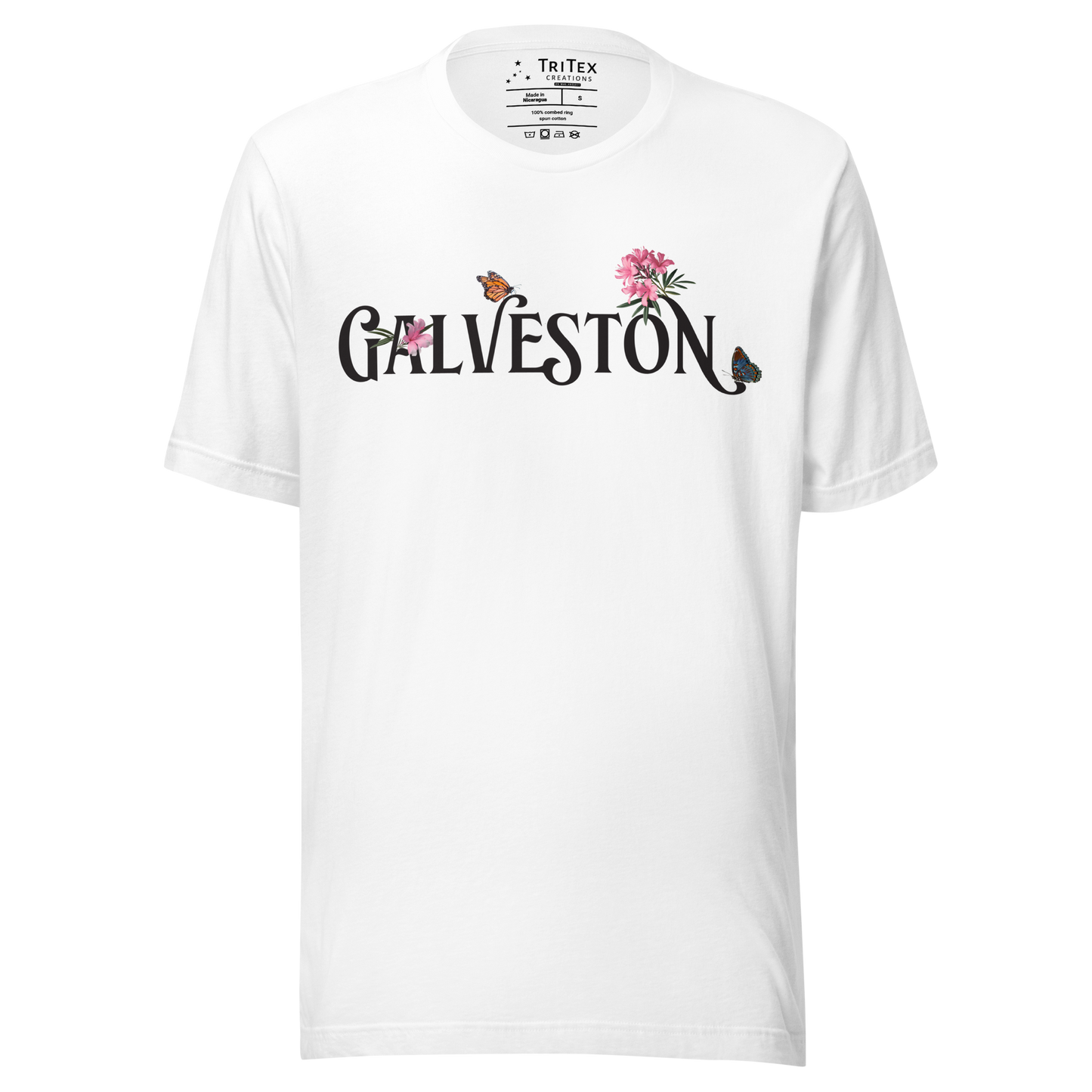 A white t-shirt with the name of "Galveston" amongst oleanders and butterflies.