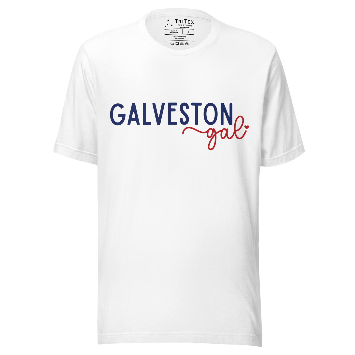 A white t-shirt with the words "Galveston gal".