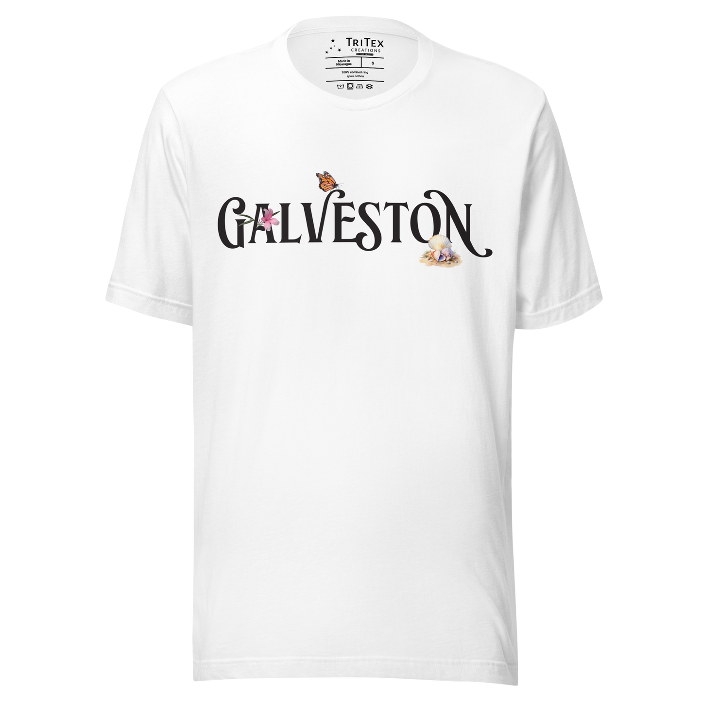 A white t-shirt with the name of "Galveston" amongst oleanders, butterflies and seashells.