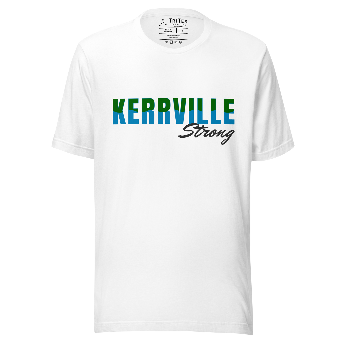 A white t-shirt with the words "Kerrville Strong".