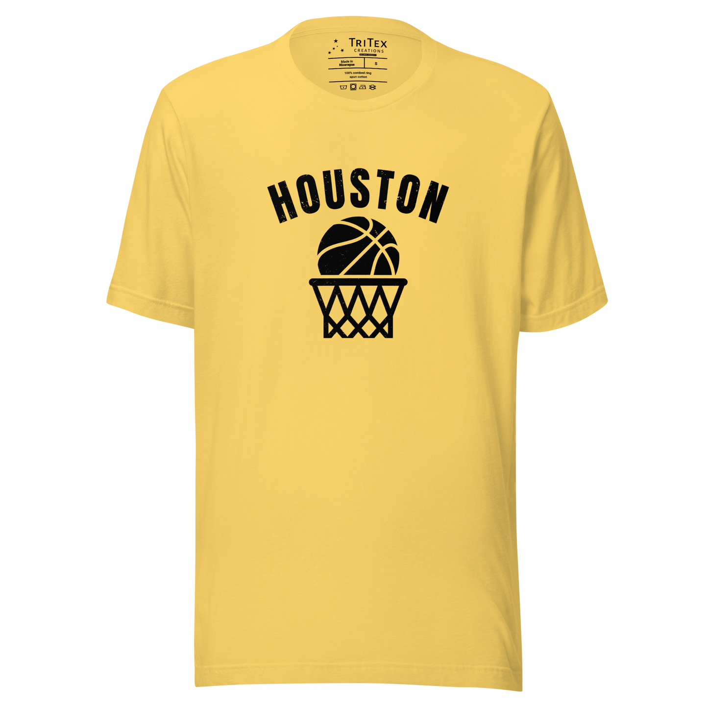 A yellow t-shirt featuring a basketball and net with the words "Houston".