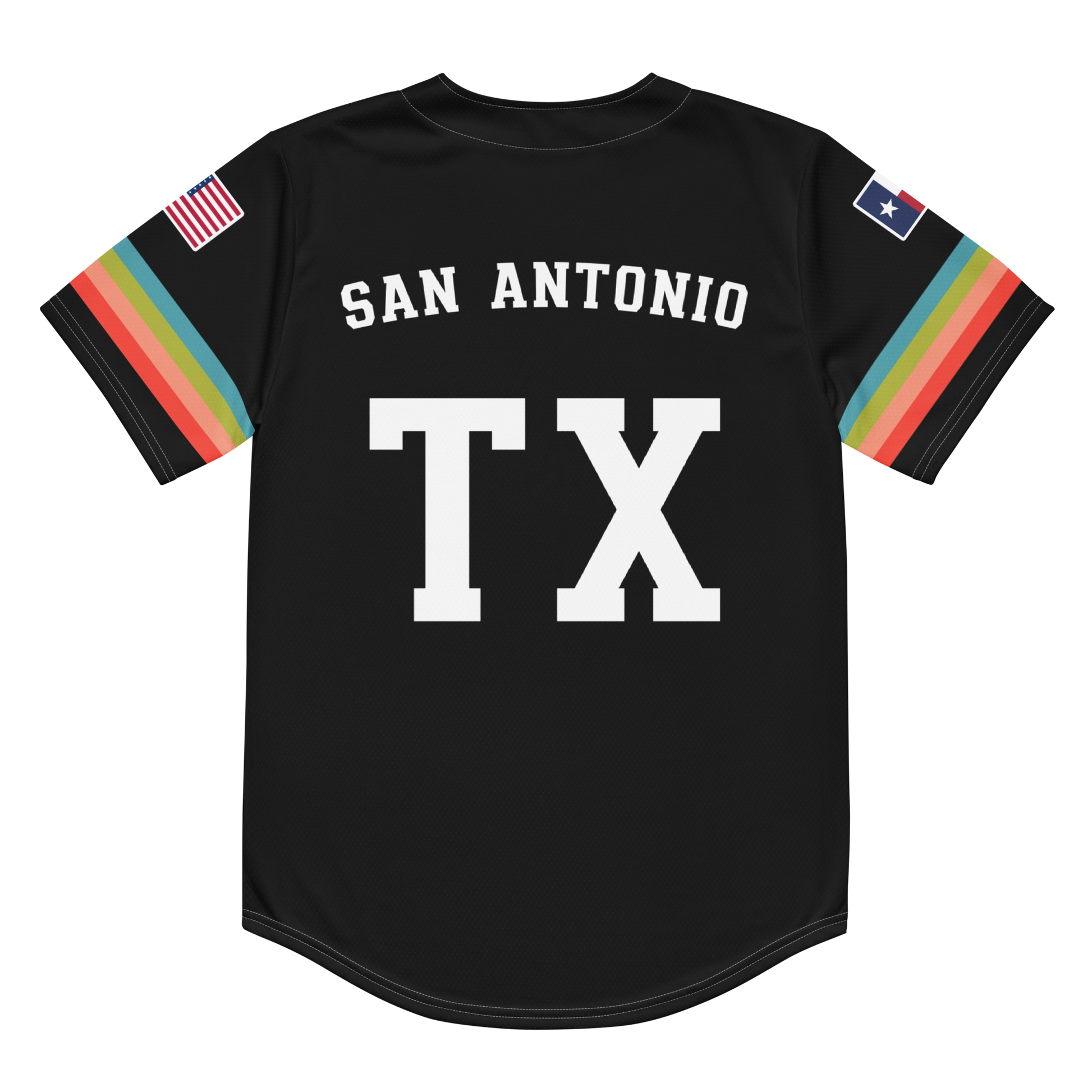 The back of a black baseball jersey that reads "San Antonio, TX".