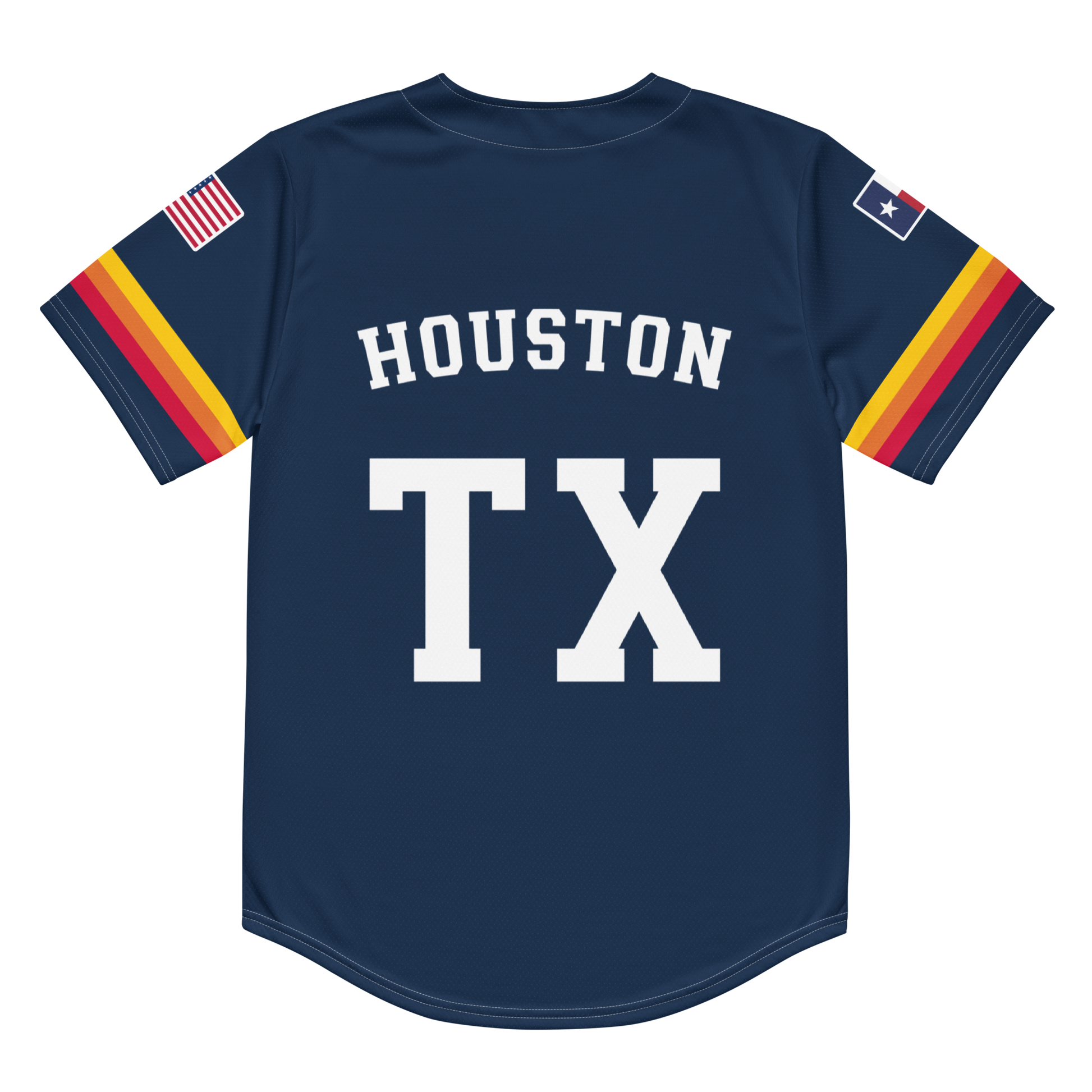 The back of a navy blue baseball jersey with the words "Houston, TX".