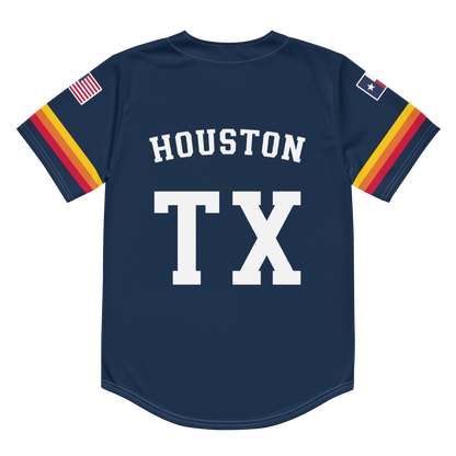 The back of a navy blue baseball jersey with the words "Houston, TX".