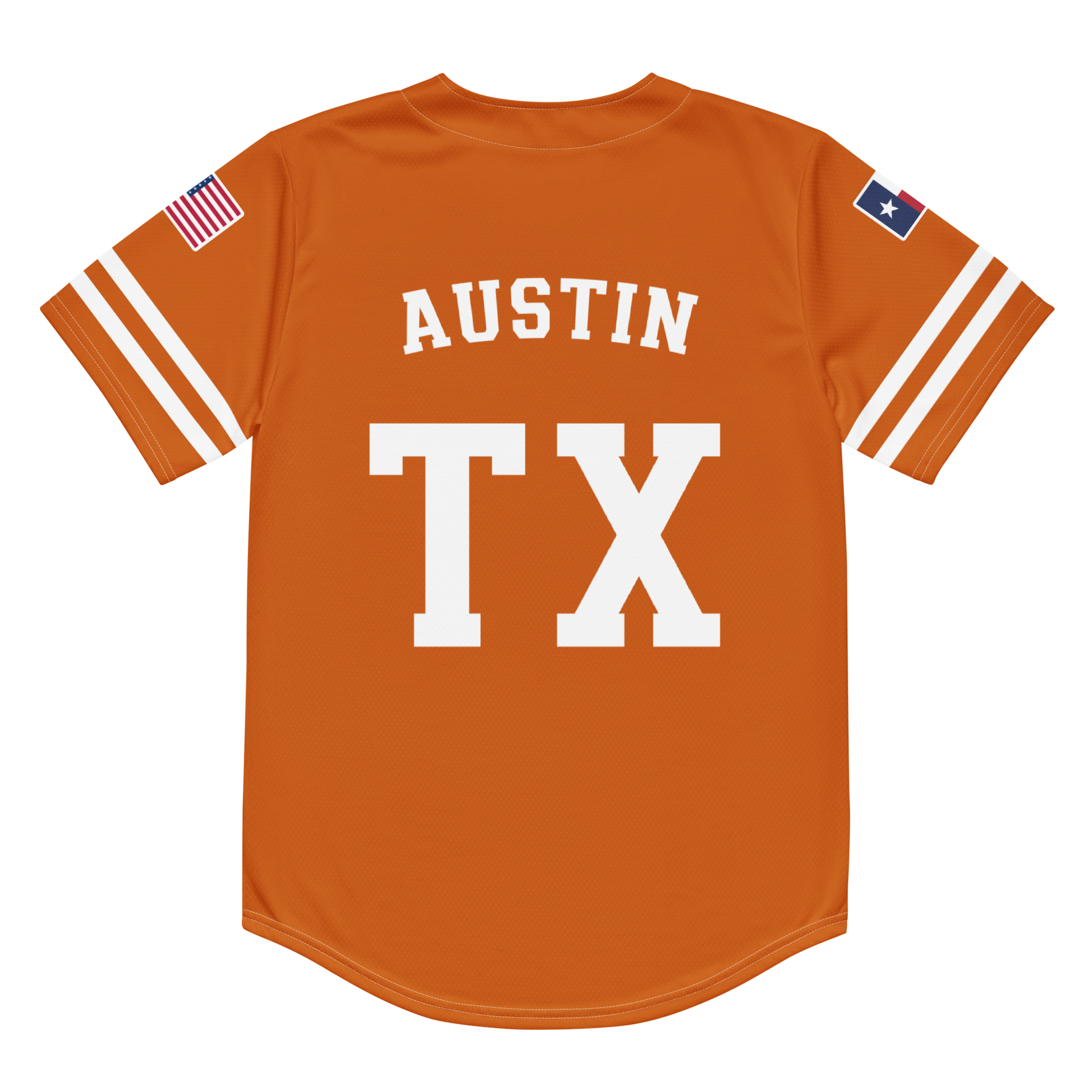 The back of an orange baseball jersey with the words "Austin, TX".