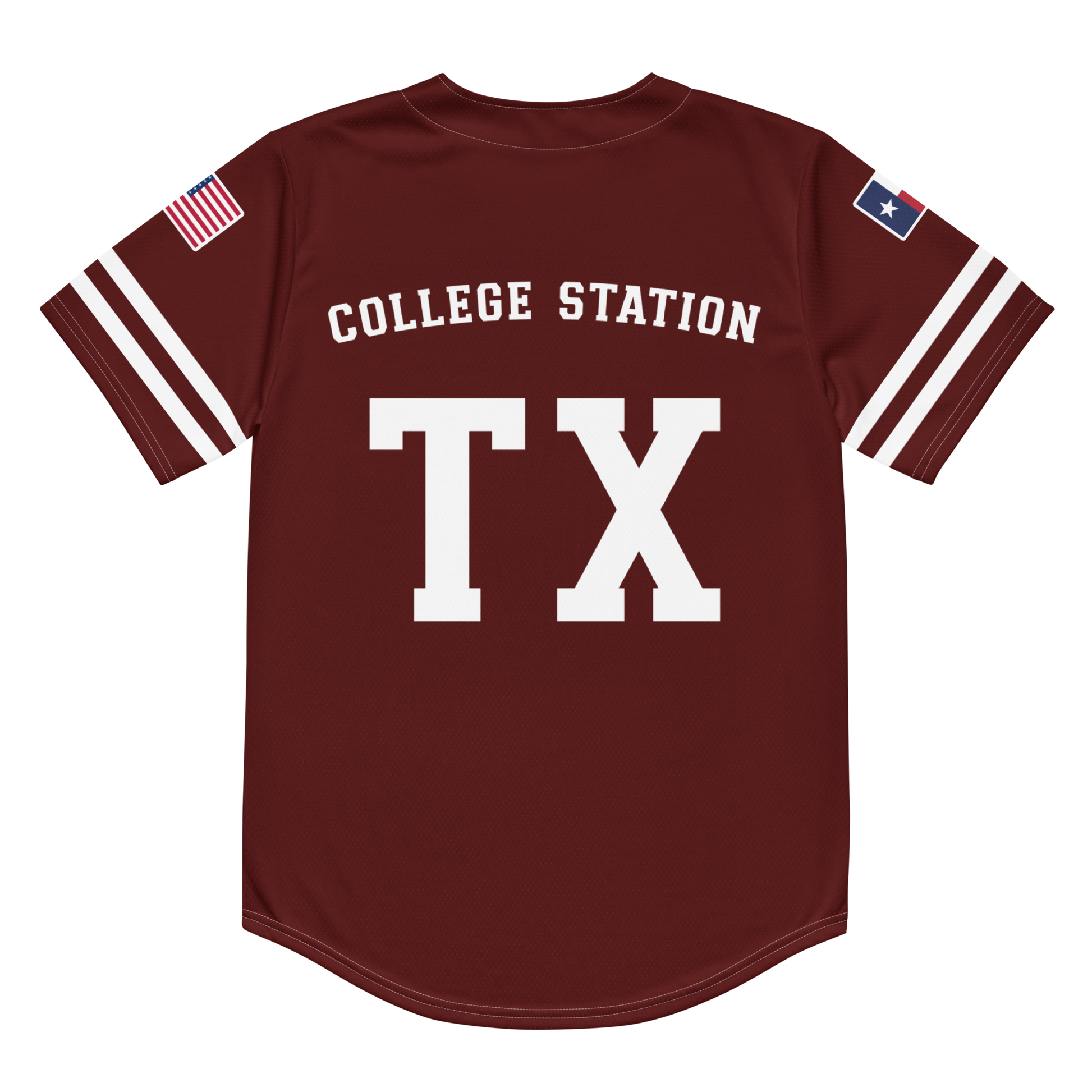 The back of a maroon baseball jersey with the words "College Station, TX".