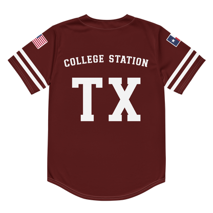 The back of a maroon baseball jersey with the words "College Station, TX".