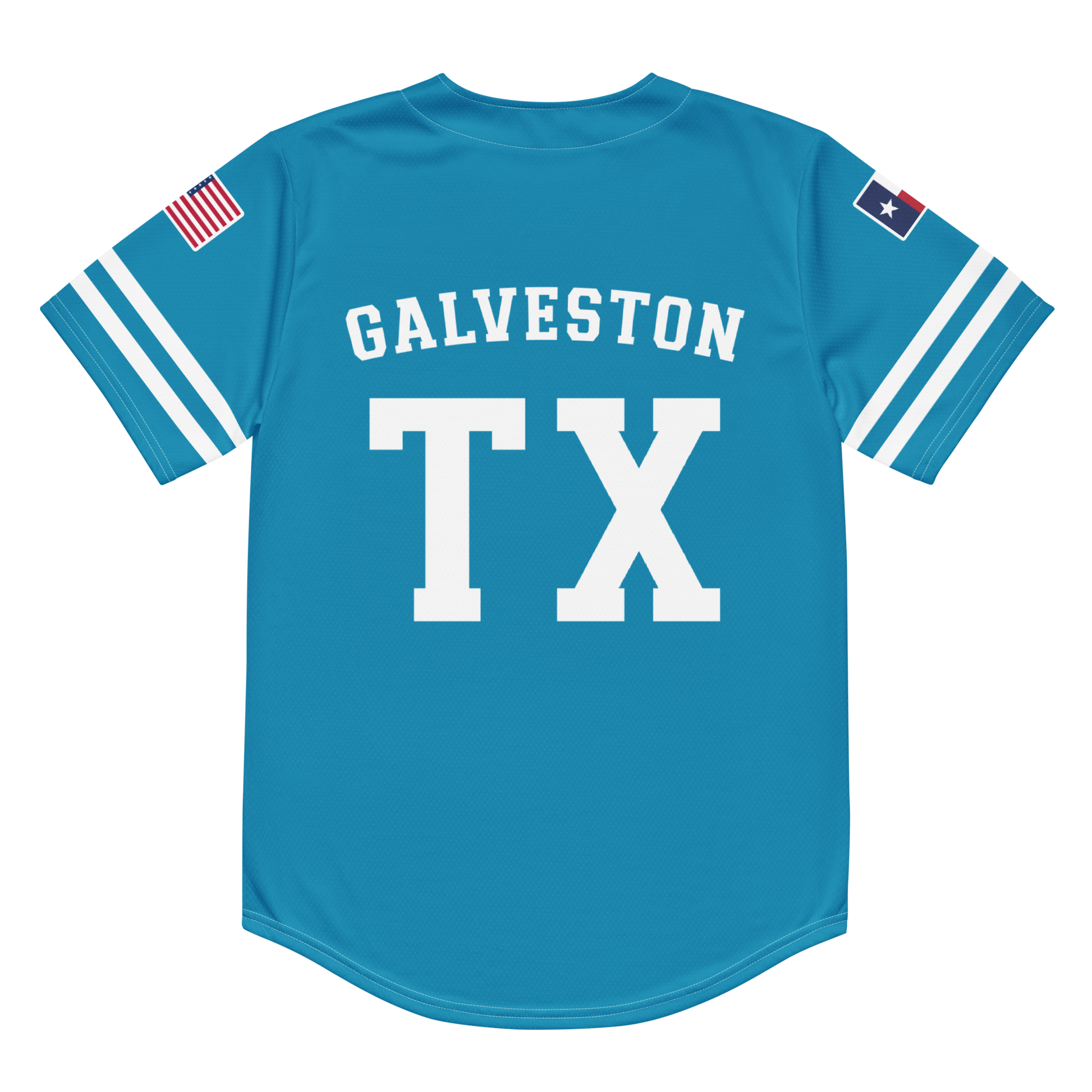 The back of an aqua blue baseball jersey with the words "Galveston, TX".