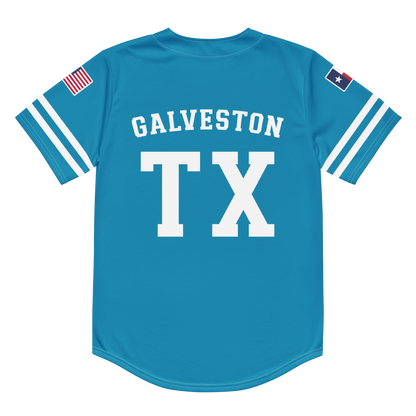 The back of an aqua blue baseball jersey with the words "Galveston, TX".