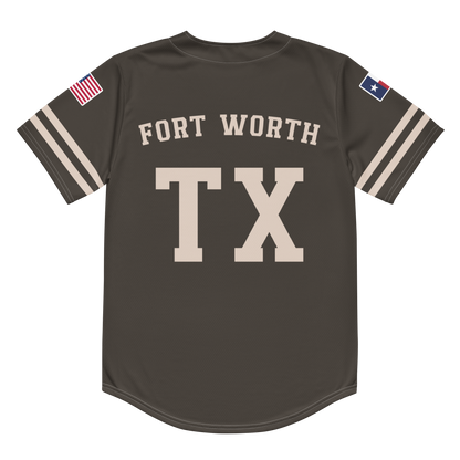 The back of a brown baseball jersey with the words "Fort Worth, TX".