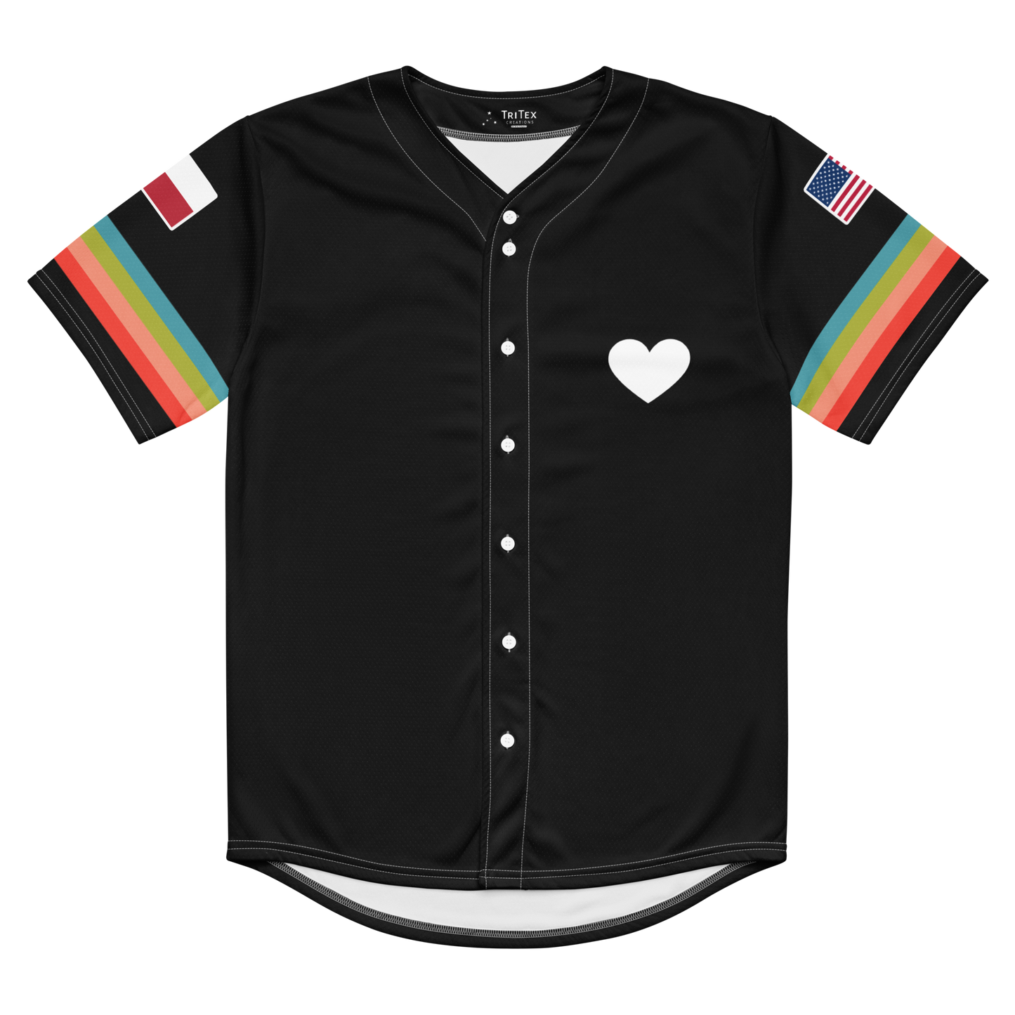 The front of a black baseball jersey with a heart.