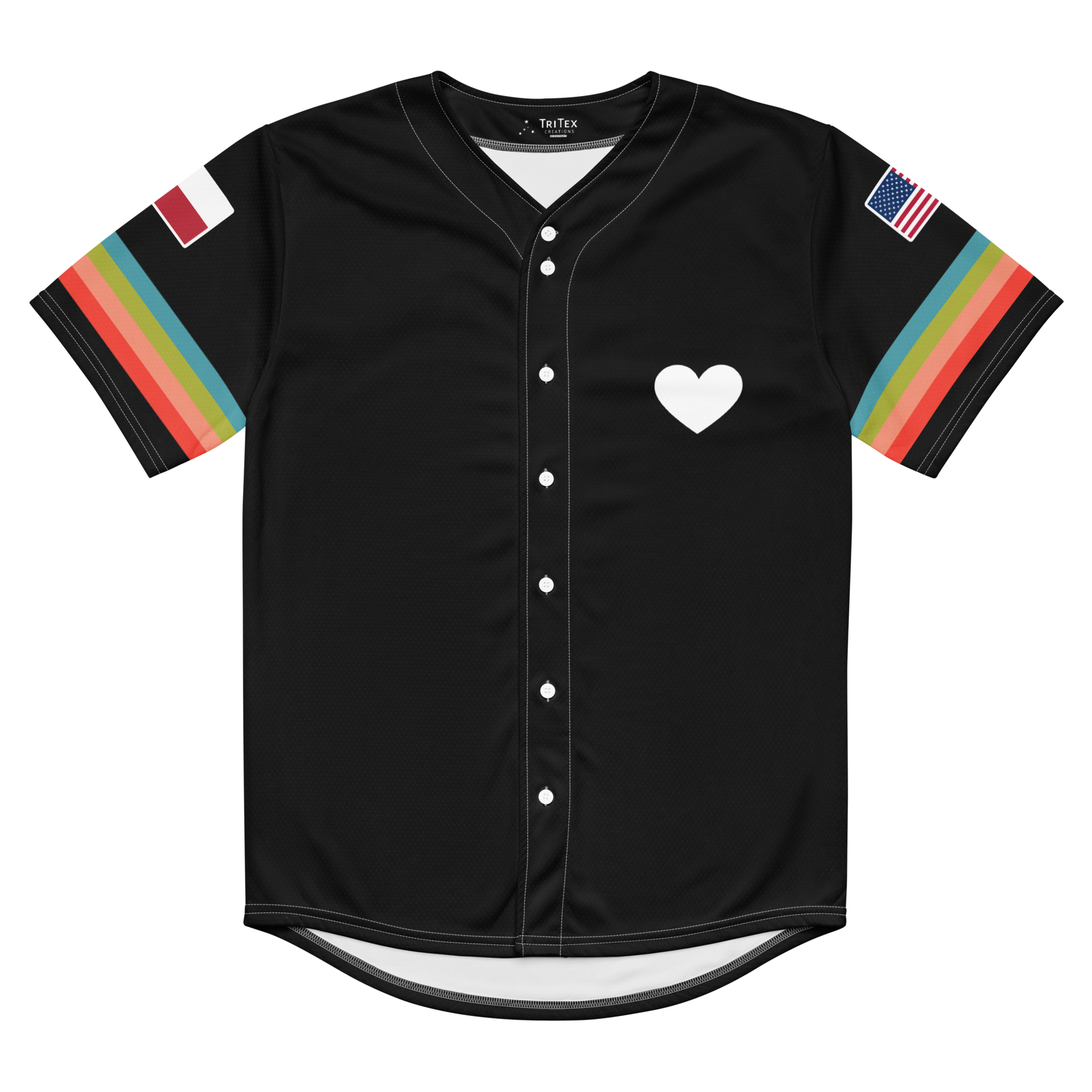 The front of a black baseball jersey with a heart.