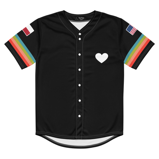 The front of a black baseball jersey with a heart.