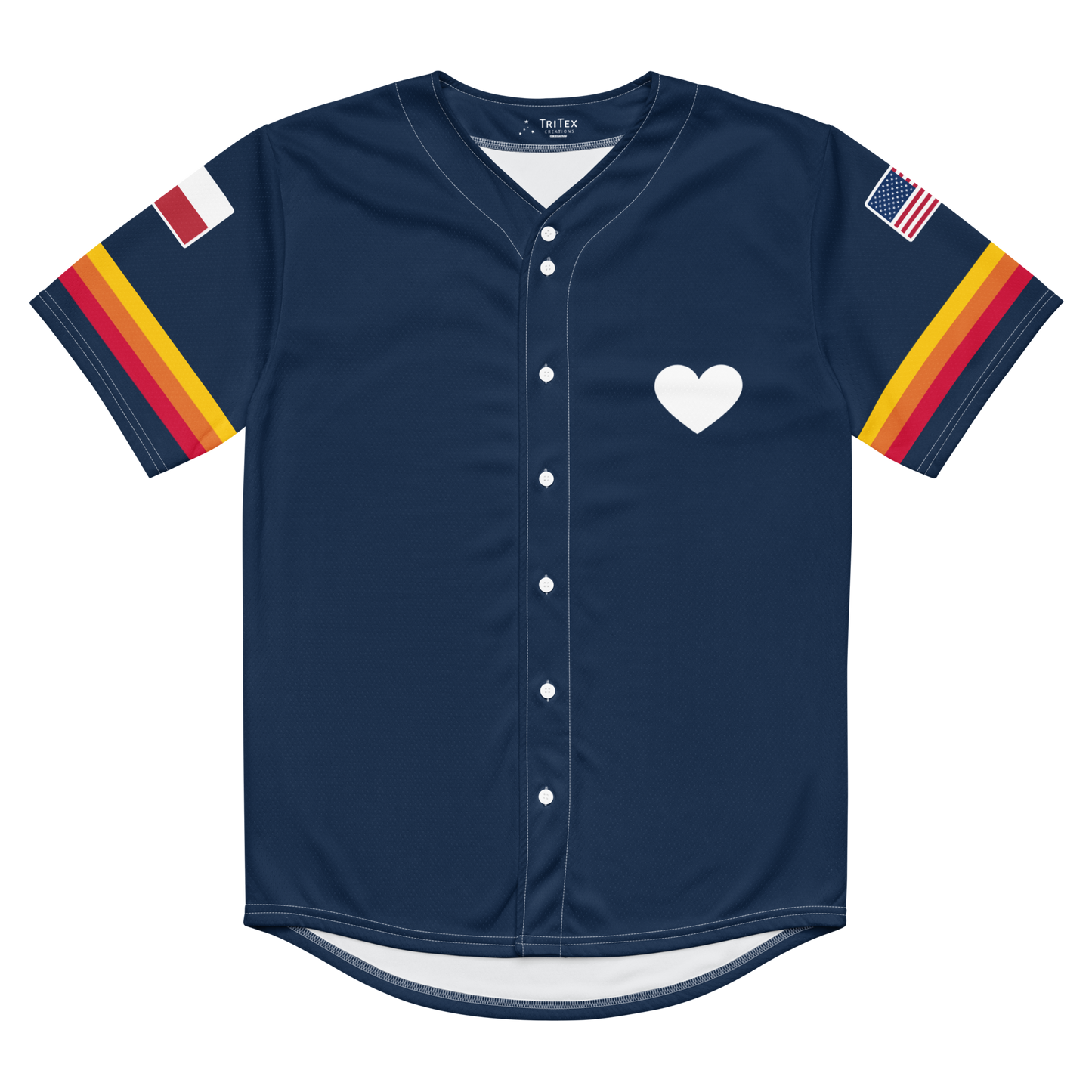 The front of a navy blue baseball jersey with a heart on it.