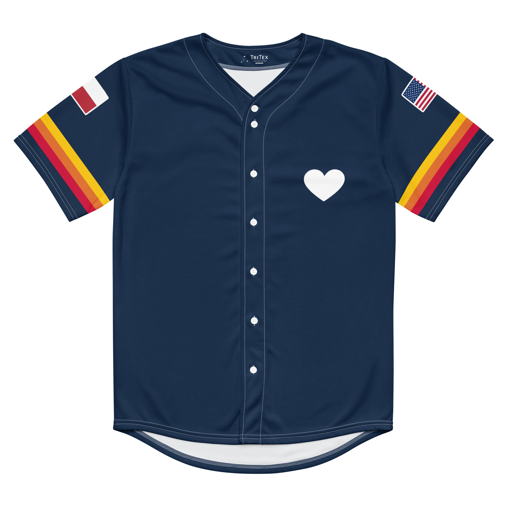 The front of a navy blue baseball jersey with a heart on it.