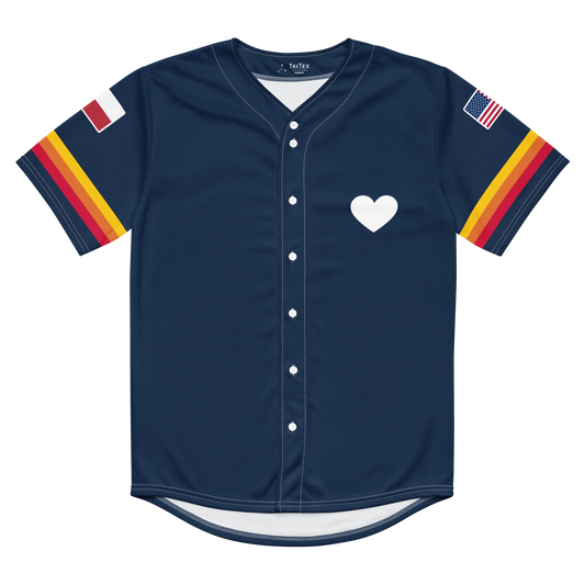 The front of a navy blue baseball jersey with a heart on it.